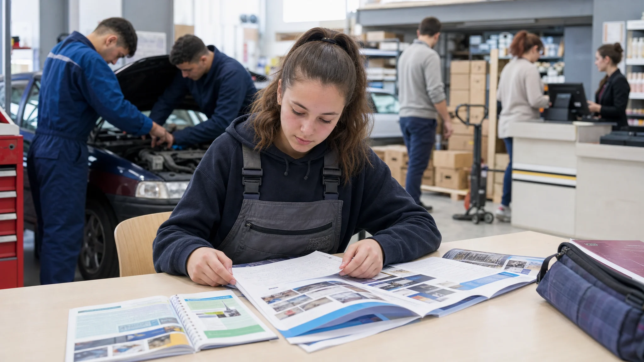 Jeune candidat comparant plusieurs options de bac pro en alternance dans un cadre de formation professionnelle.