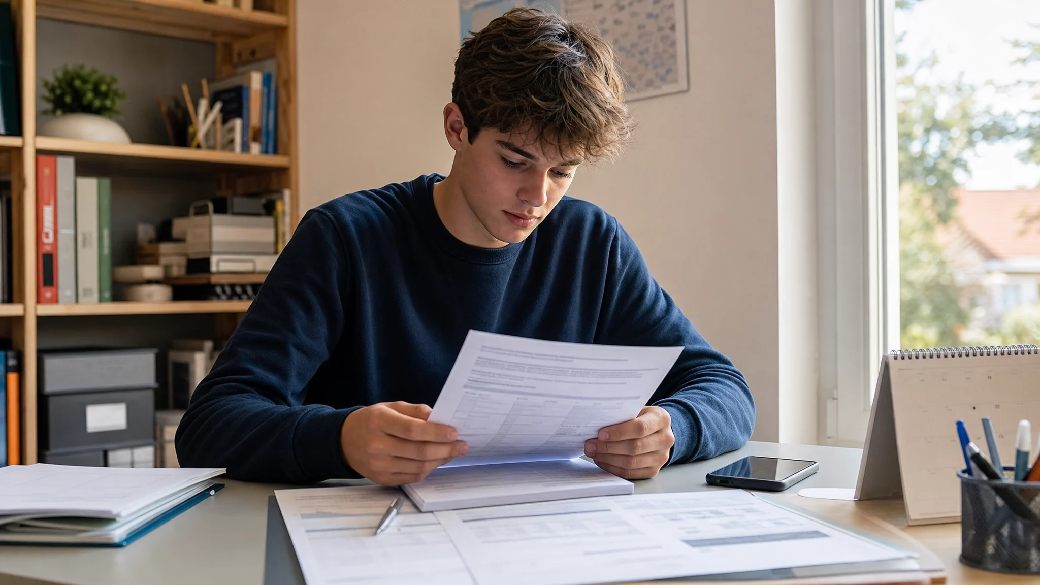 Jeune candidat en bac professionnel relisant un contrat d’apprentissage et des documents de salaire avant signature