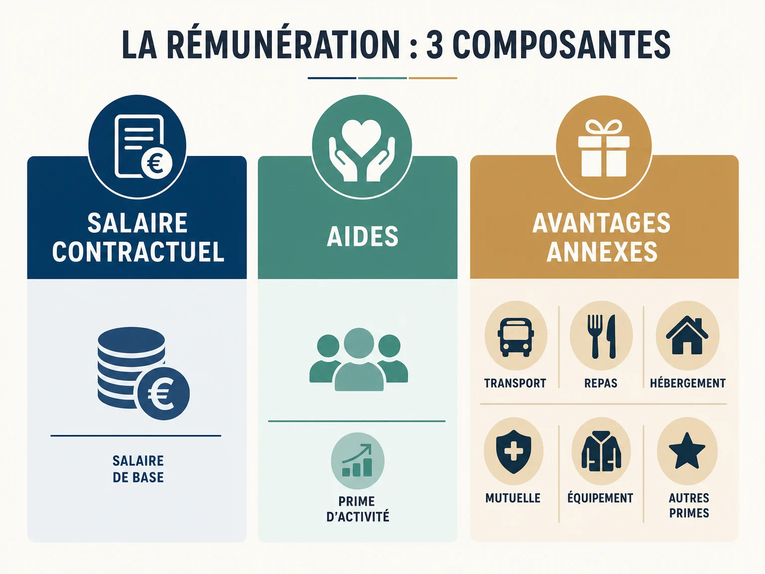 Distinguer salaire, aides et avantages annexes Visuel comparatif distinguant salaire, aides et avantages annexes pour un apprenti