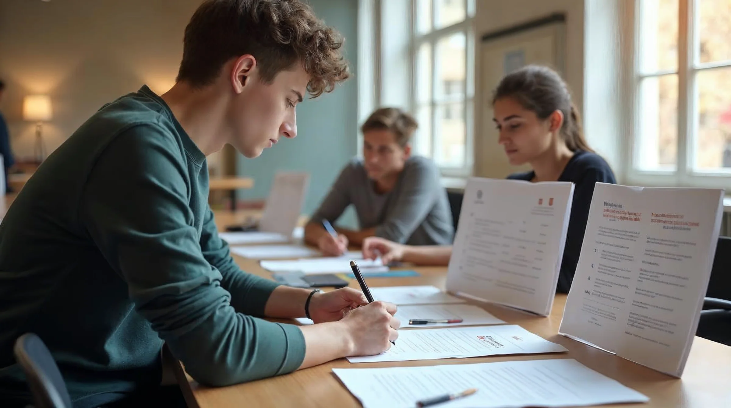 Jeune en réflexion devant plusieurs options de formation en alternance dans un cadre d'orientation sobre.