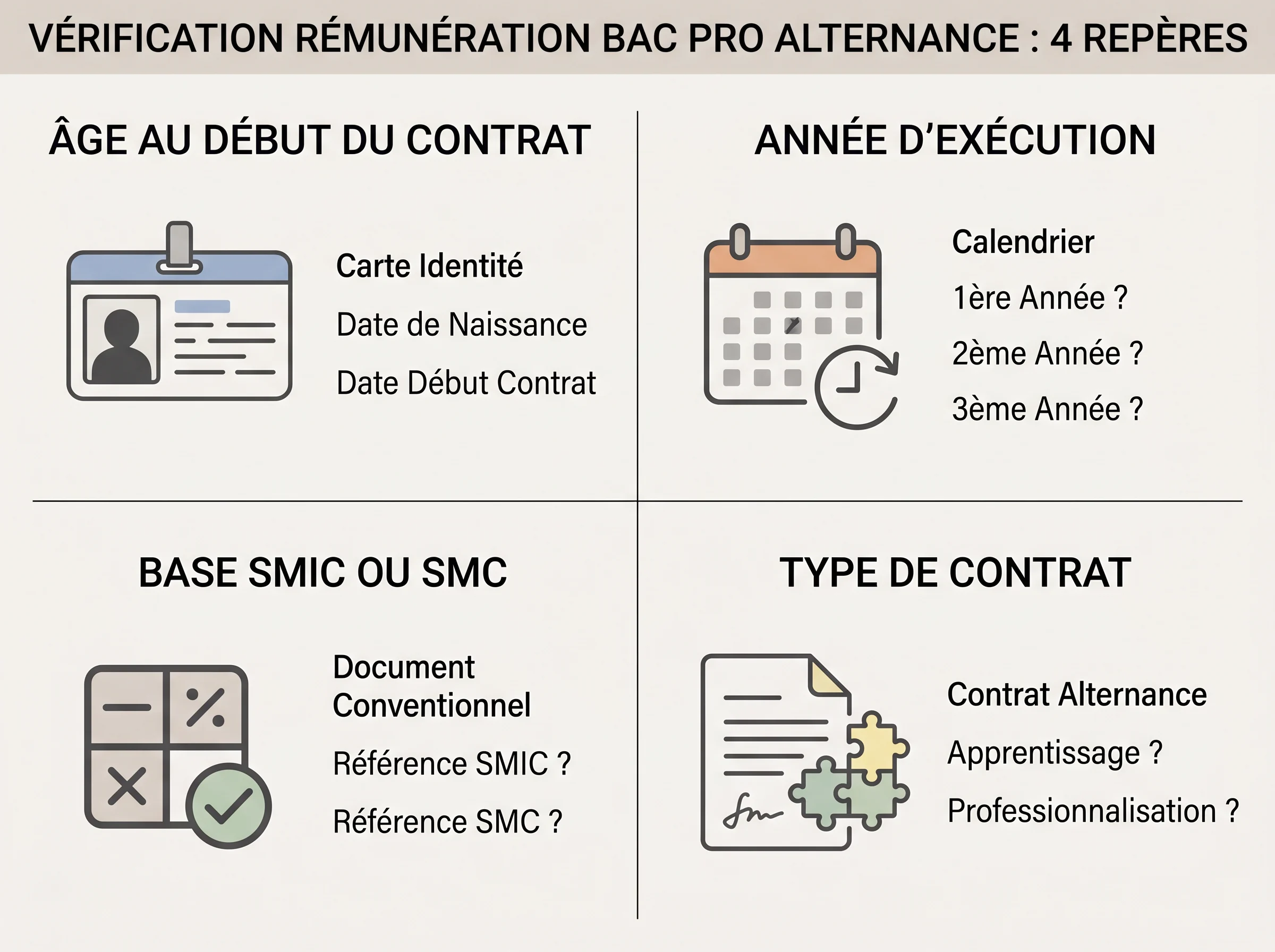 Les points à vérifier avant de lire la rémunération Repères visuels pour vérifier les éléments essentiels avant de lire une rémunération en alternance.