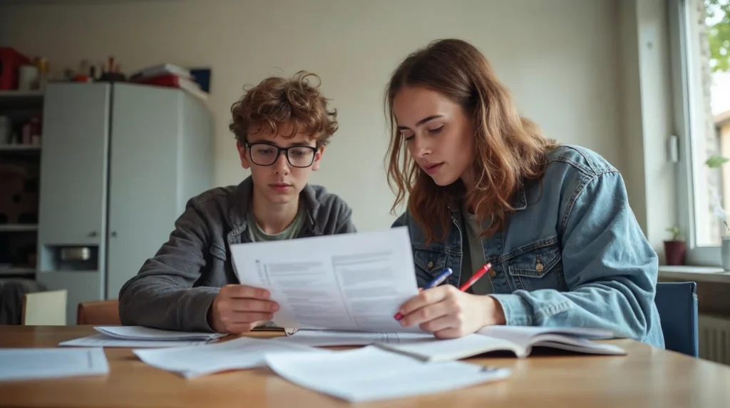 Jeune en réflexion avec un accompagnant, en train de vérifier un projet de bac pro en alternance après la 3e à partir de documents.