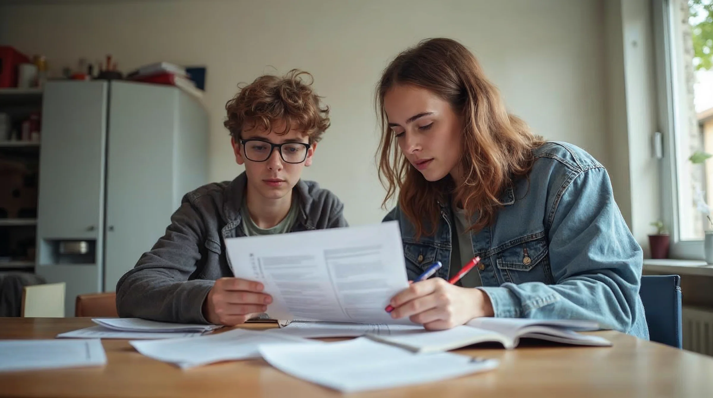 Jeune en réflexion avec un accompagnant, en train de vérifier un projet de bac pro en alternance après la 3e à partir de documents.
