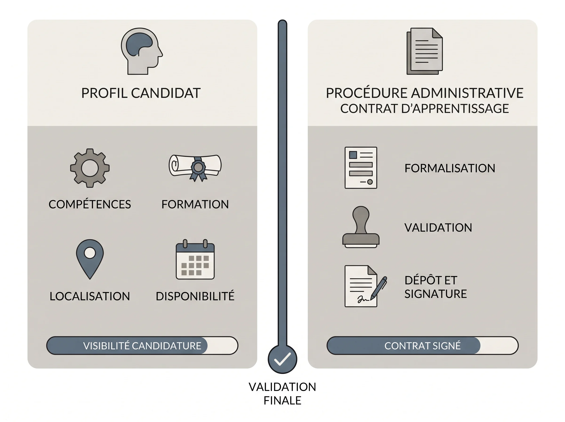 Profil candidat et contrat d’apprentissage : deux démarches distinctes Schéma expliquant la différence entre le dépôt d’un profil candidat en apprentissage et la procédure administrative du contrat