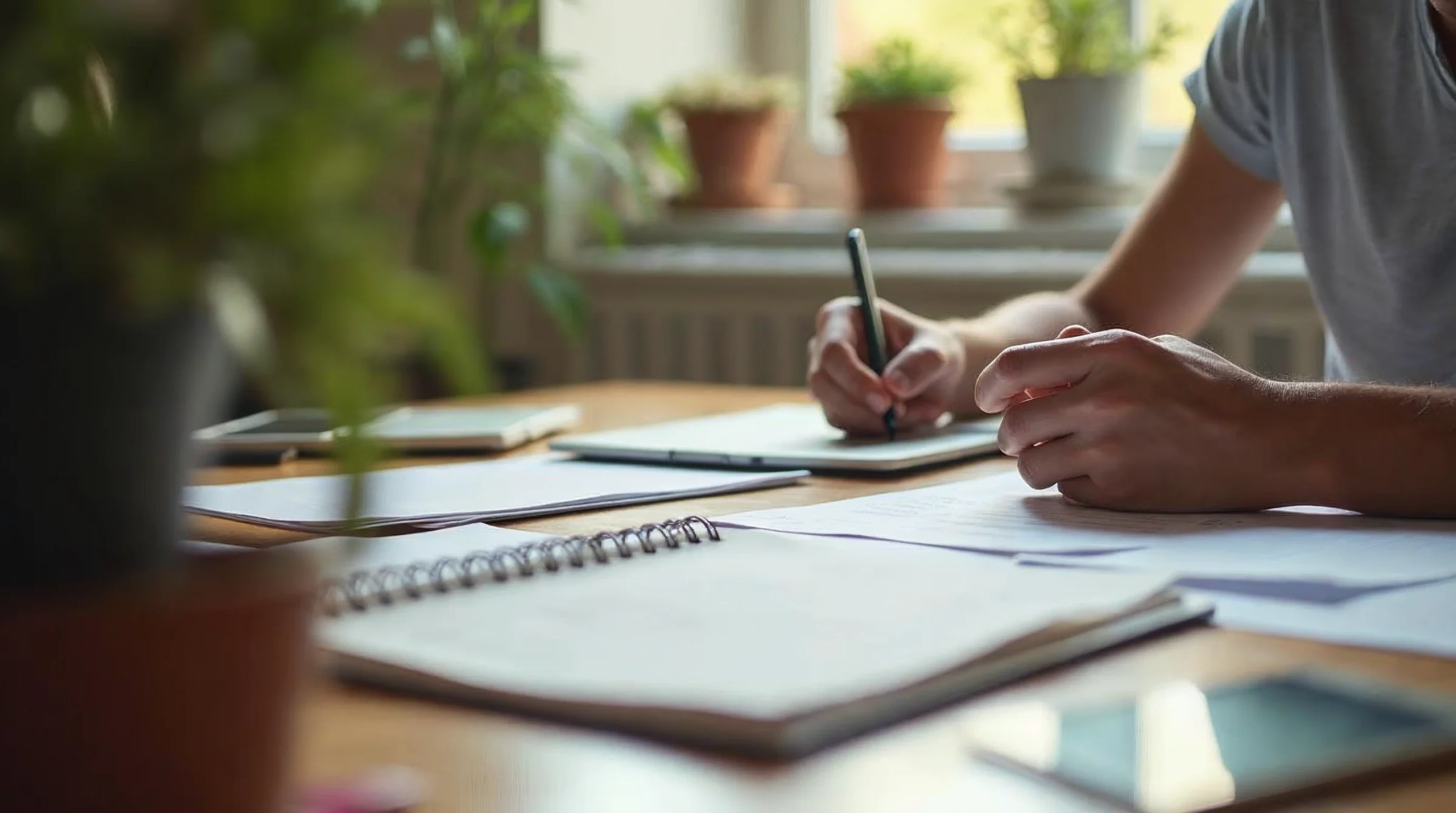 Futur apprenti qui prépare sa recherche d’entreprise avec un calendrier et des documents organisés avant la rentrée.