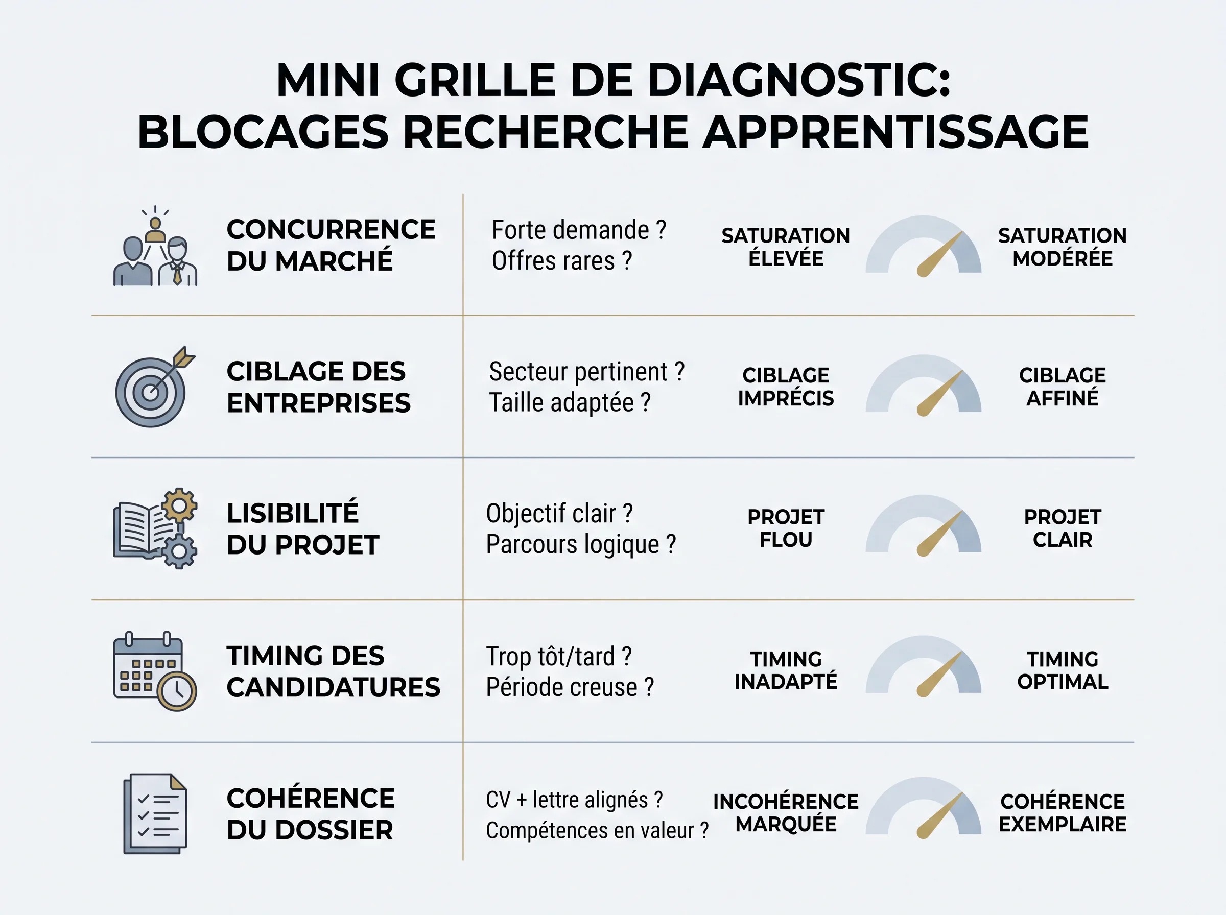 Diagnostiquer ce qui bloque dans sa recherche d'apprentissage Mini grille visuelle pour identifier les causes possibles d'une absence de réponse à des candidatures en apprentissage.