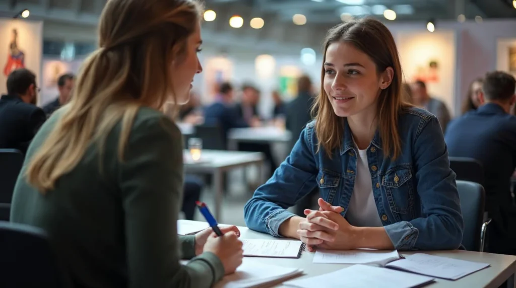 Échange entre un candidat et un recruteur dans un salon de l’apprentissage, avec CV et notes préparées.