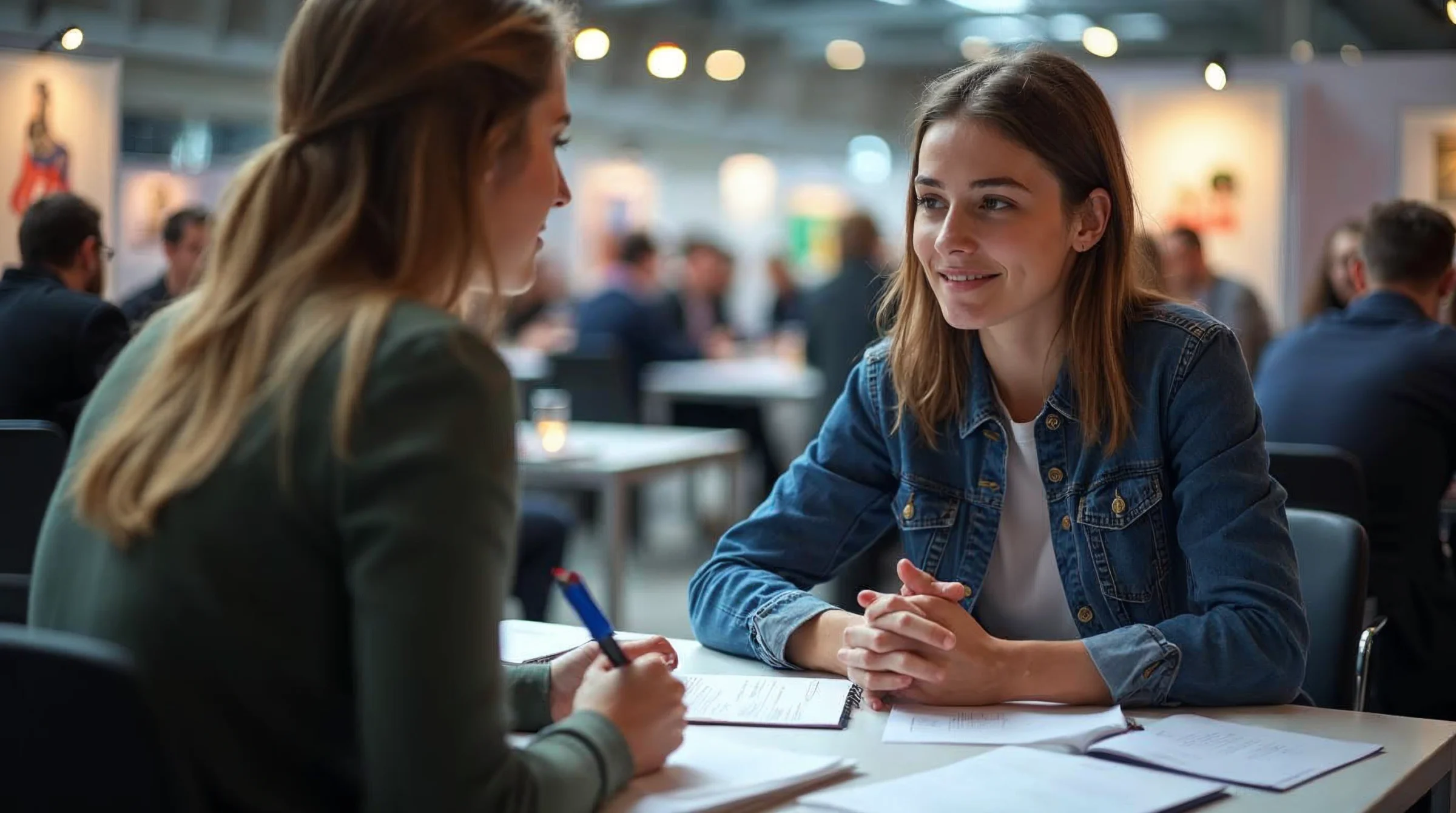 Échange entre un candidat et un recruteur dans un salon de l’apprentissage, avec CV et notes préparées.