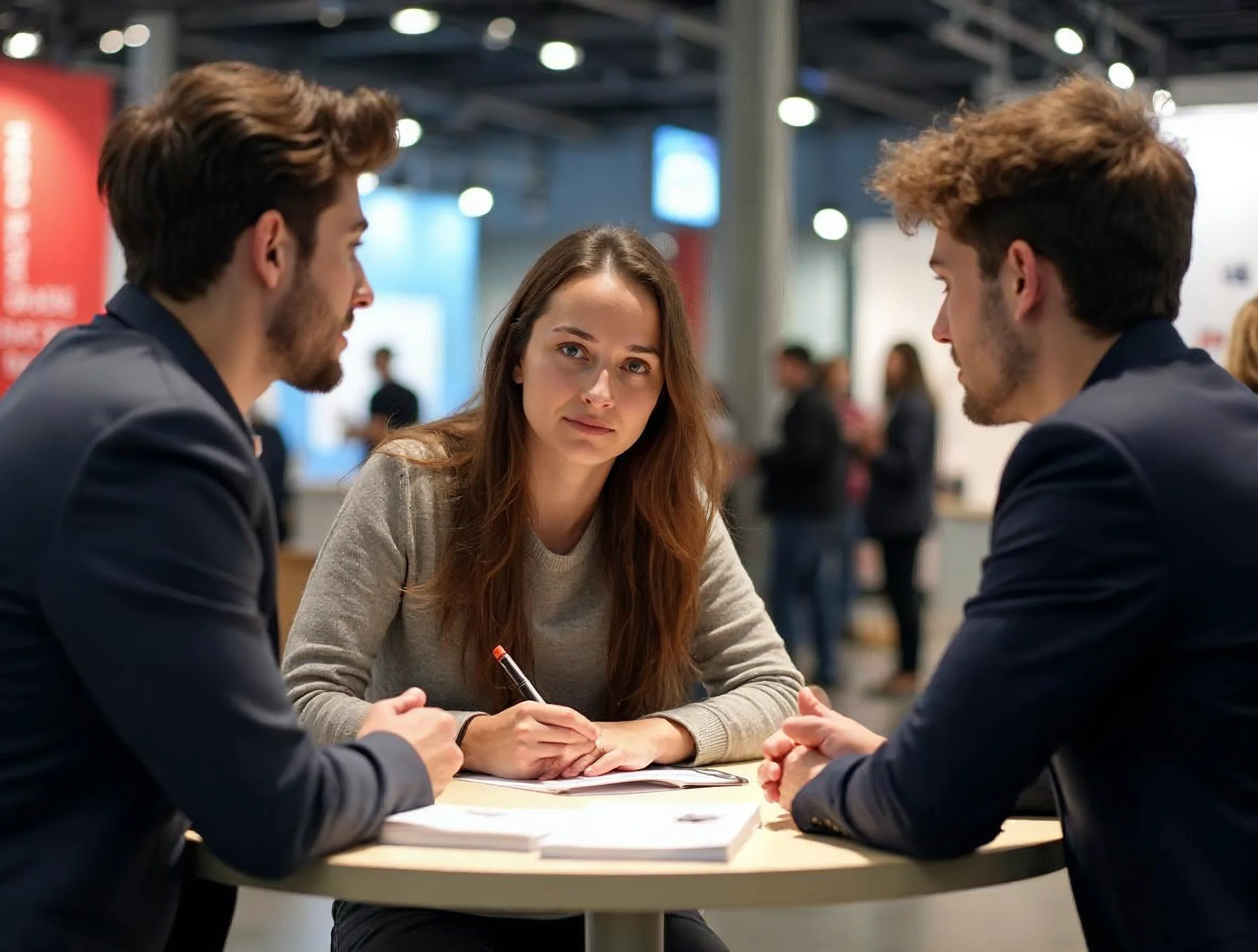 Mener des échanges utiles avec les entreprises et les CFA Discussion utile entre un candidat et un recruteur pendant un salon de l’apprentissage.