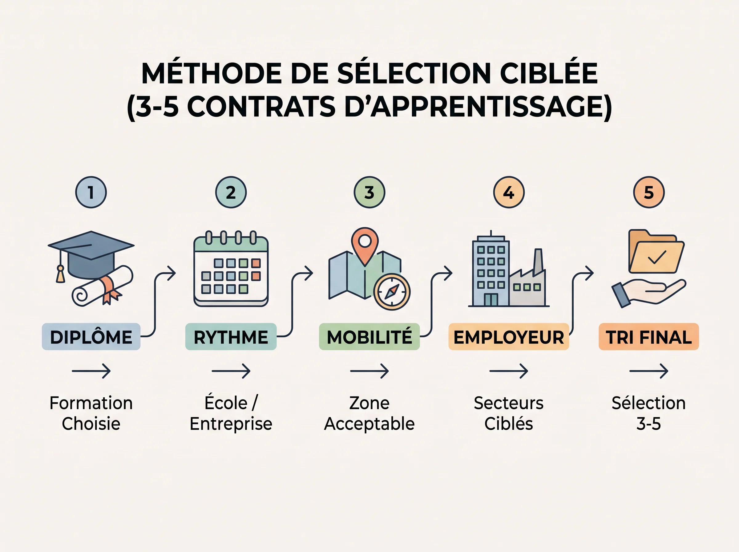 Méthode de ciblage de secteurs pour l’apprentissage Schéma simple montrant comment filtrer quelques secteurs et employeurs à cibler pour une recherche d’apprentissage.