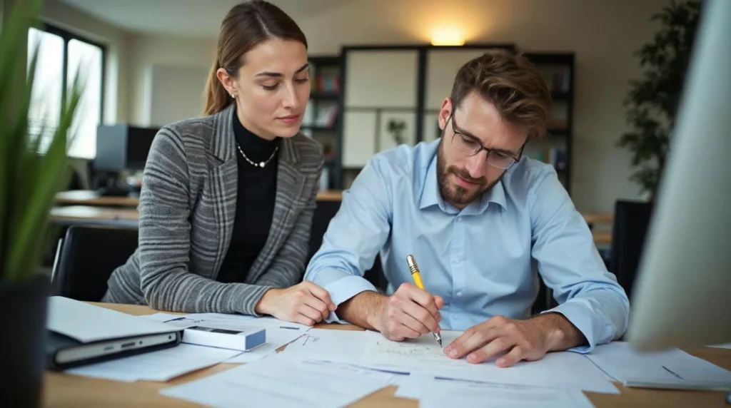 Recruteur préparant de façon structurée une offre d’apprentissage sur un bureau avec documents et repères de relecture.