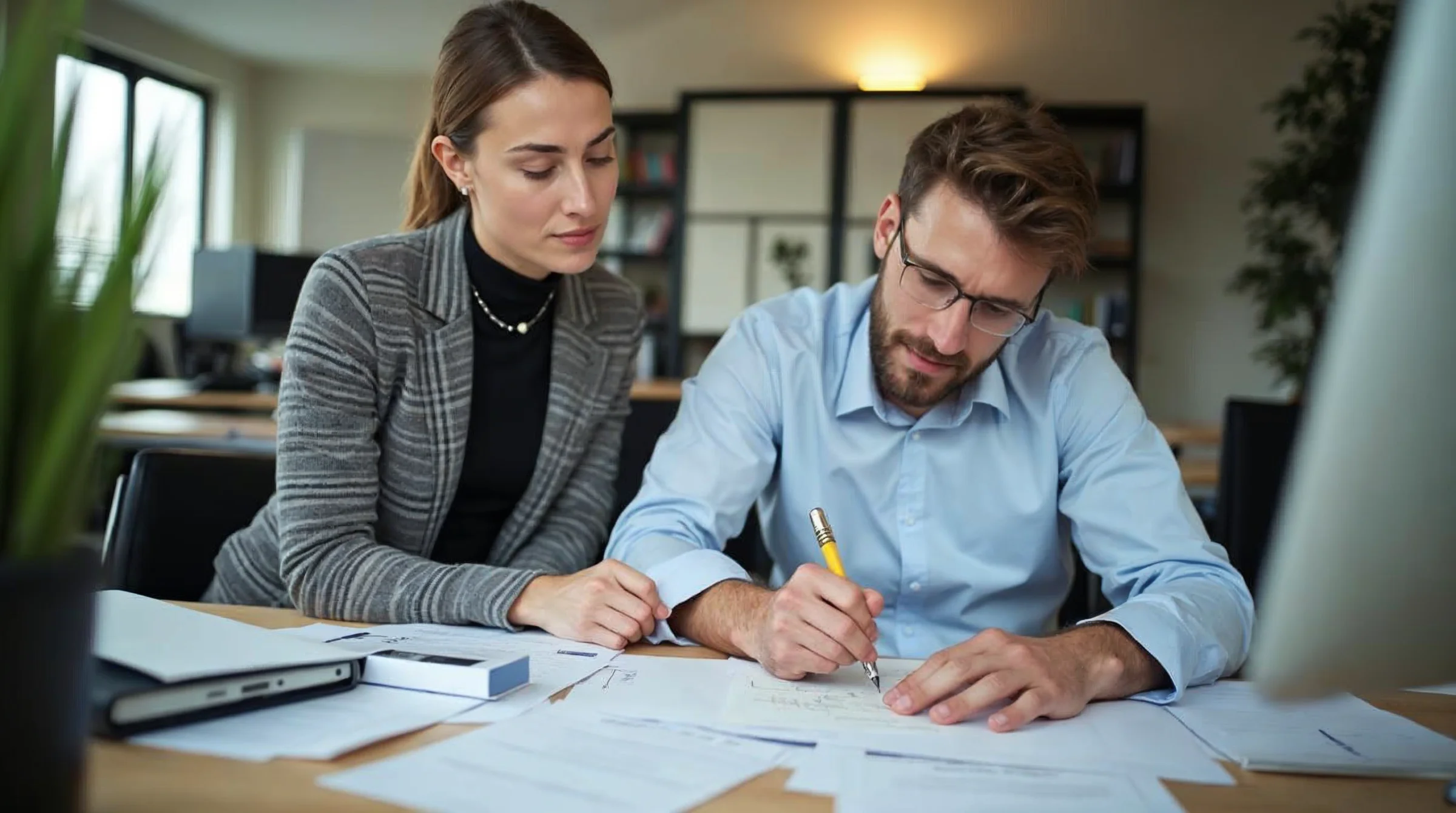 Recruteur préparant de façon structurée une offre d’apprentissage sur un bureau avec documents et repères de relecture.