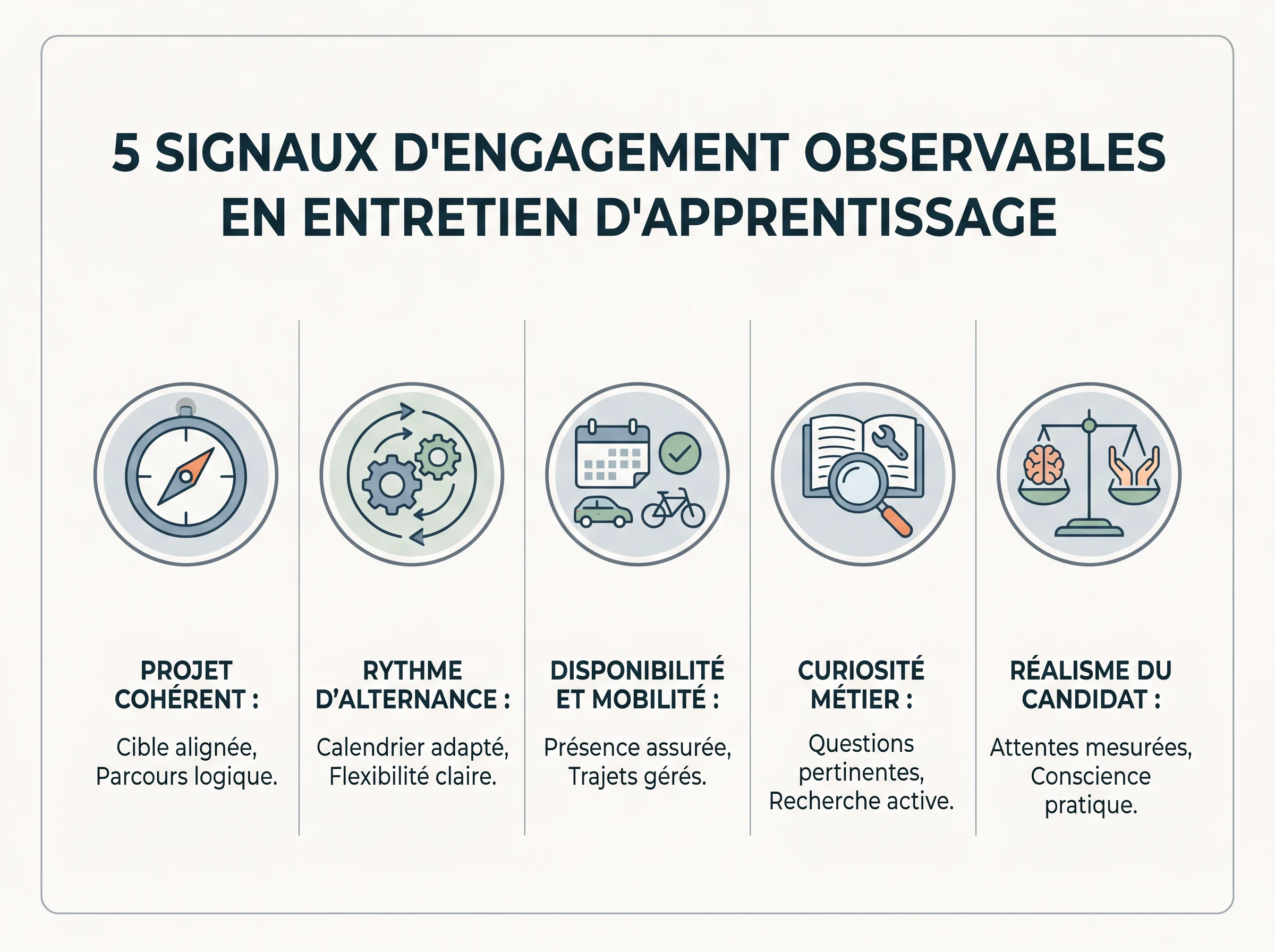 Les 5 signaux d’engagement observables Infographie des cinq signaux d’engagement à observer en entretien d’apprentissage
