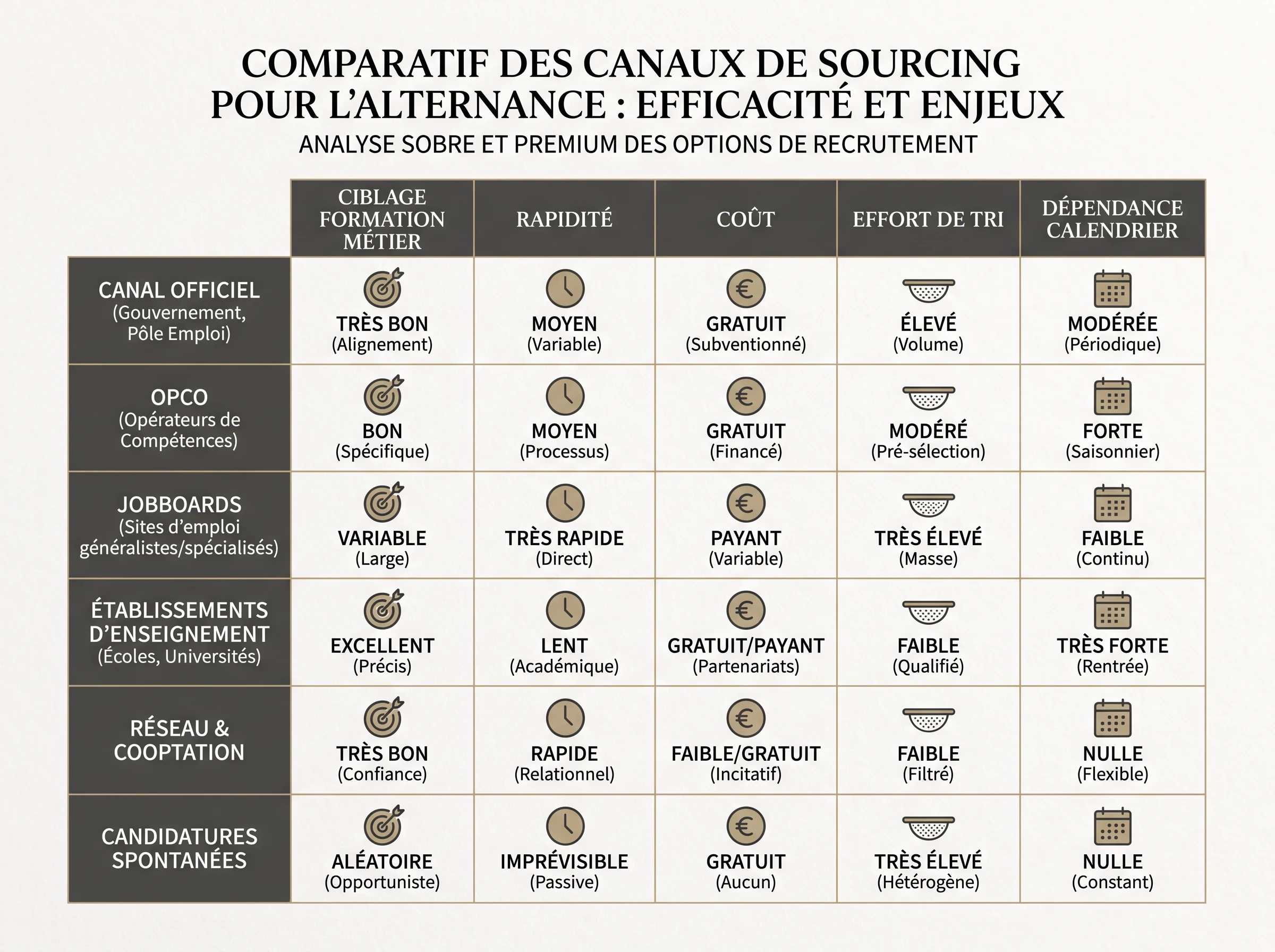 Comparer les canaux avec une grille de décision commune Tableau comparatif simplifié des principaux canaux de sourcing en alternance.