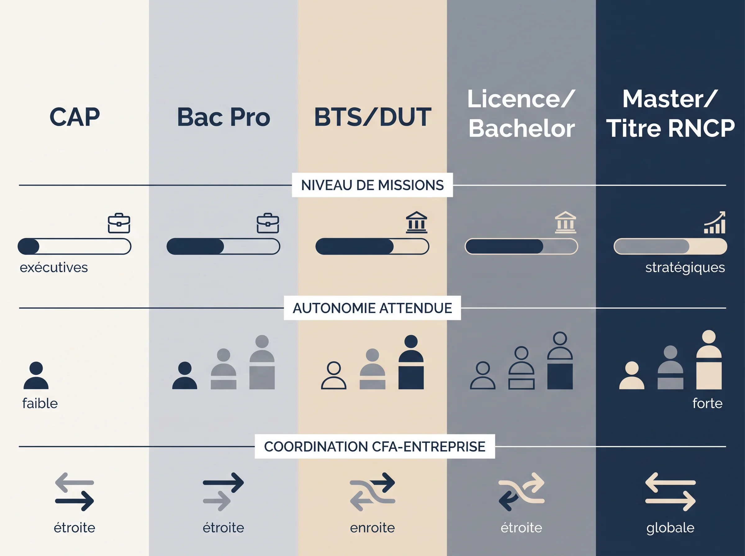 Diplôme préparé, missions et autonomie en apprentissage Infographie comparant plusieurs niveaux de diplôme en apprentissage avec des repères simples sur les missions, l’autonomie et la coordination entre CFA et entreprise.