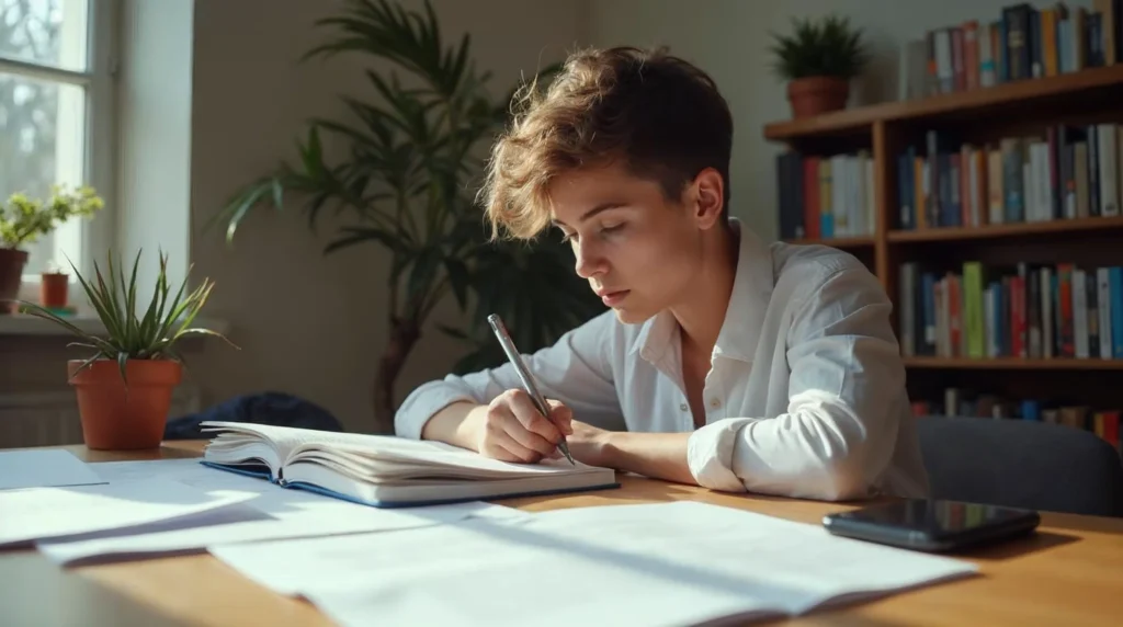 Jeune préparant une recherche d’entreprise en alternance avec des notes sur sa spécialité, son métier visé et des employeurs locaux à contacter.