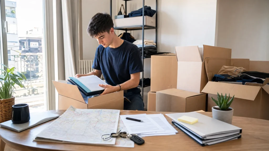 Un apprenti prépare son installation dans un nouveau logement avec cartons, documents et repères de transport.