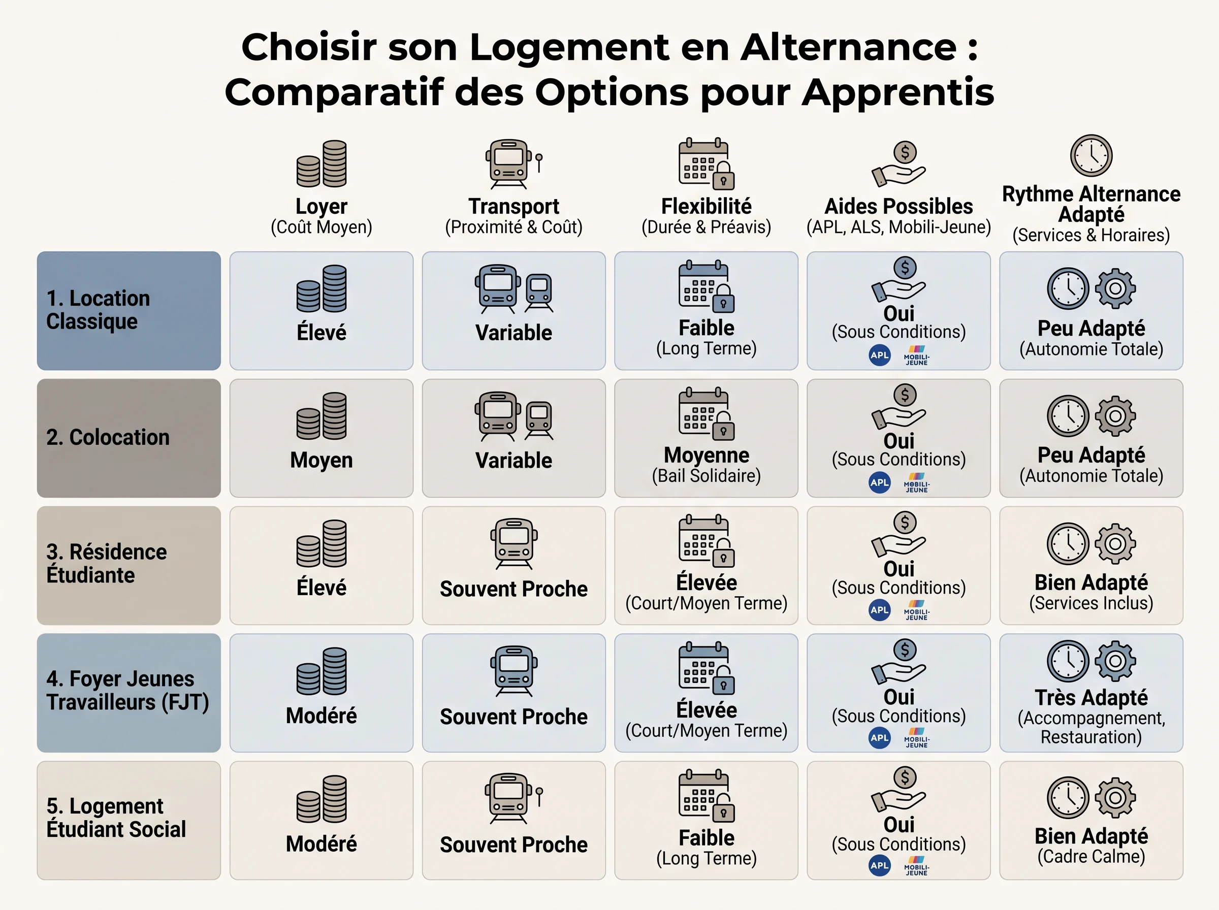 Comparer logement et transport avant de choisir Tableau comparatif des options de logement d'un apprenti avec le coût du loyer et du transport.
