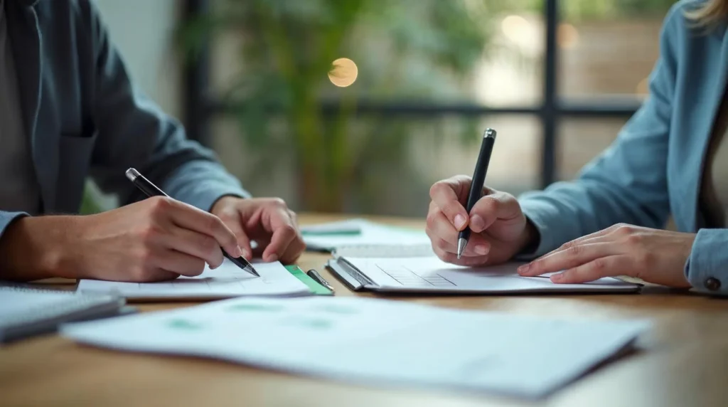 Étudiant en alternance comparant des pistes de formation et d’entreprise avec un calendrier et des documents de candidature.