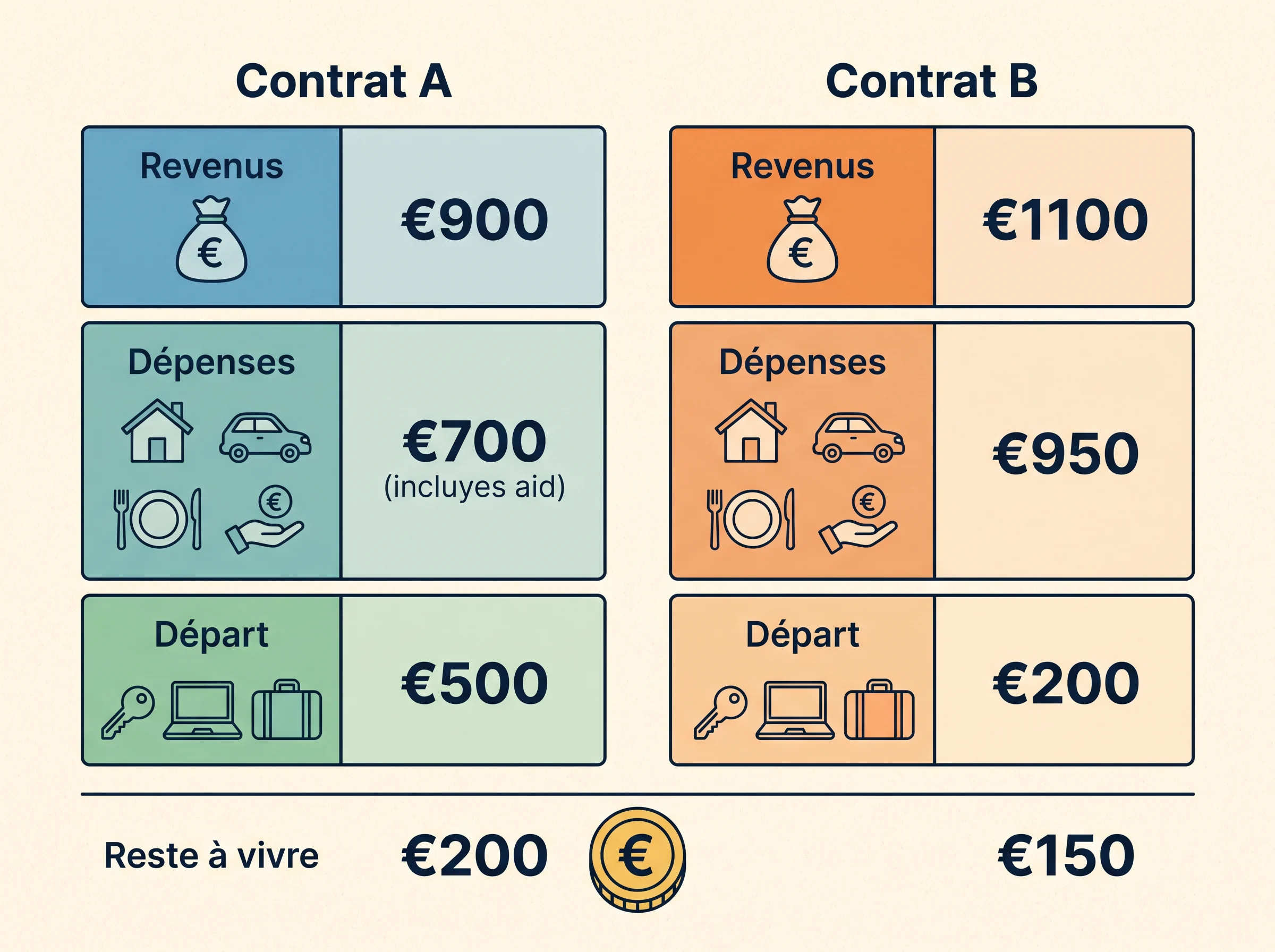 Tableau simple pour estimer le reste à vivre Schéma comparatif simple pour calculer le reste à vivre estimé de deux contrats d’apprentissage.