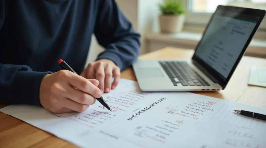 Apprenti préparant ses bulletins de paie et documents pour vérifier les revenus à déclarer pour la prime d’activité.