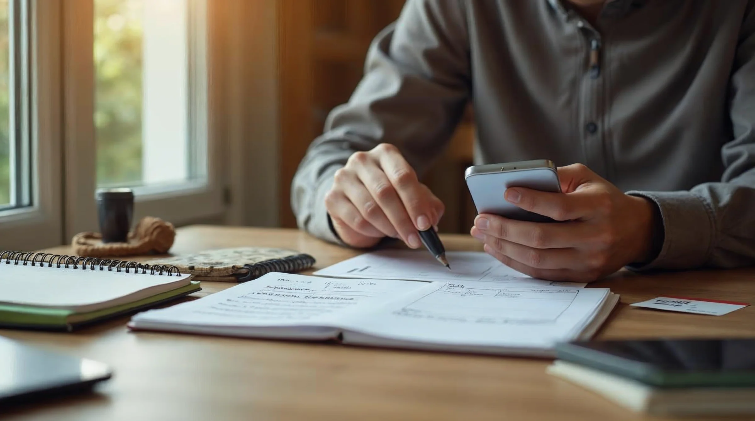 Un apprenti vérifie la date probable de son premier salaire avec son téléphone et des documents de paie.