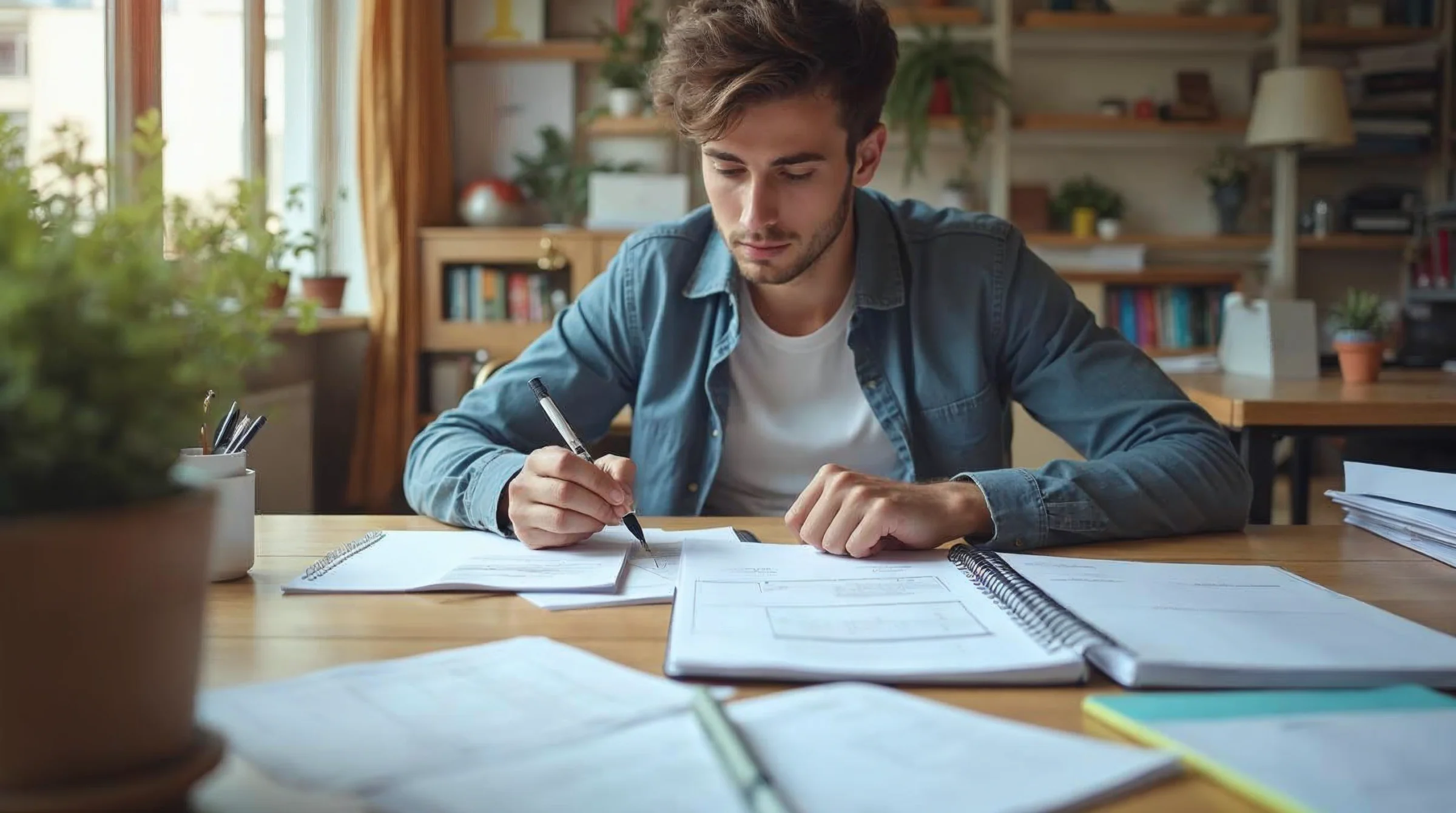 Candidat préparant de façon structurée son projet de BTS en alternance avec documents de formation et notes de candidature.