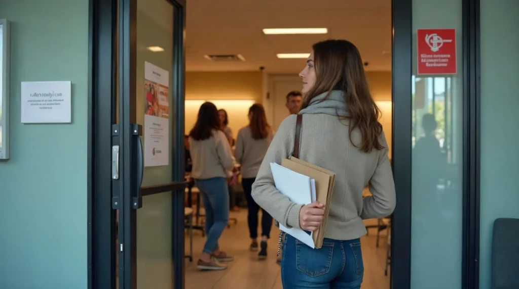 Étudiant devant un CFA au moment de la rentrée, avec un dossier en main, illustrant le début possible de la formation avant la signature d'un contrat.