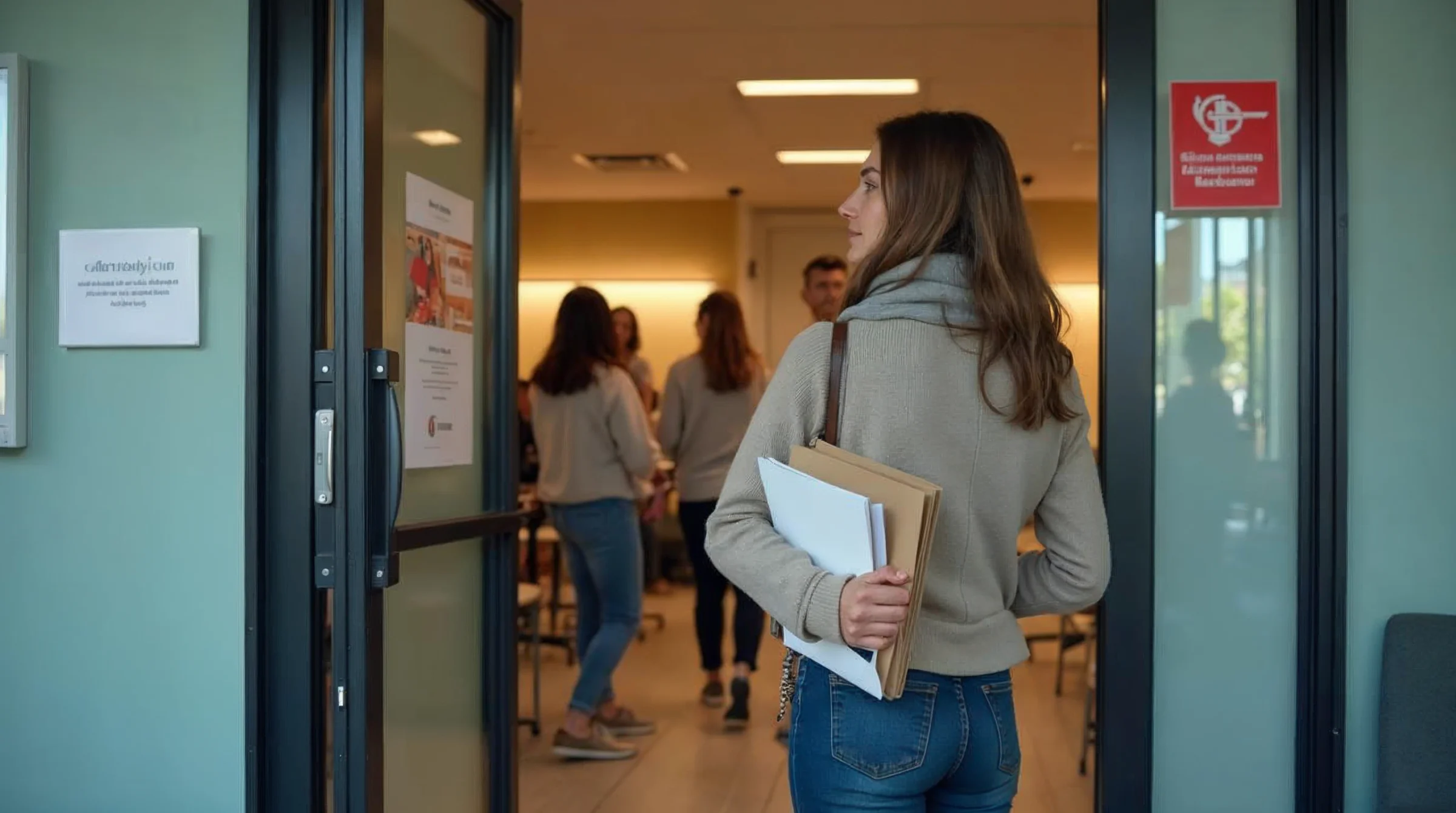 Étudiant devant un CFA au moment de la rentrée, avec un dossier en main, illustrant le début possible de la formation avant la signature d'un contrat.
