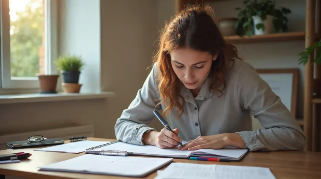 Étudiant en train de réorganiser sa recherche d'alternance avant la rentrée avec CV, notes et documents de formation.