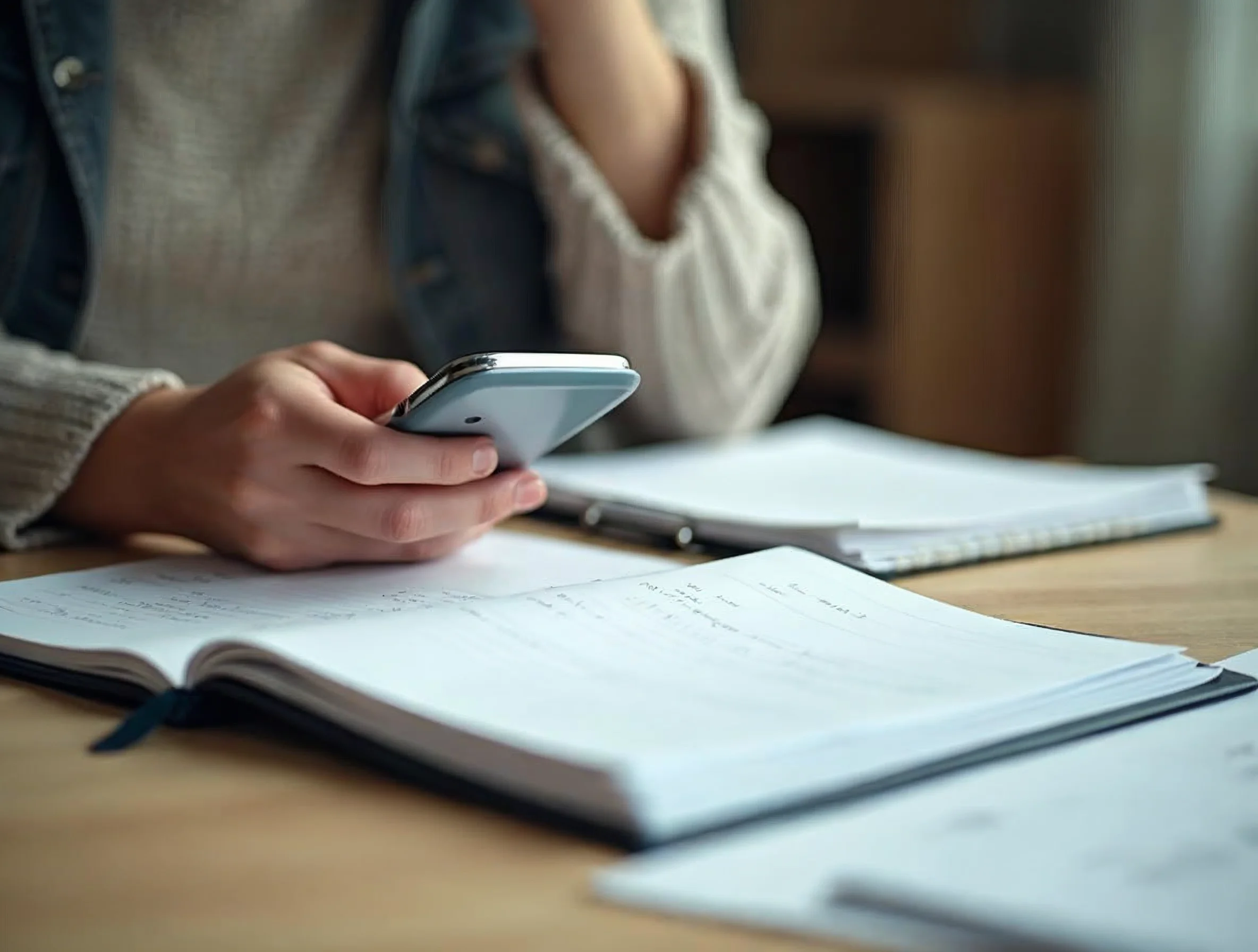 Vérification de la situation auprès du CFA avec téléphone, notes et dossier de formation.
