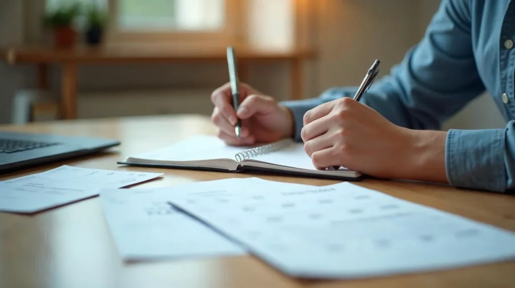 Jeune candidat en apprentissage qui vérifie des documents de formation et prépare sa candidature.