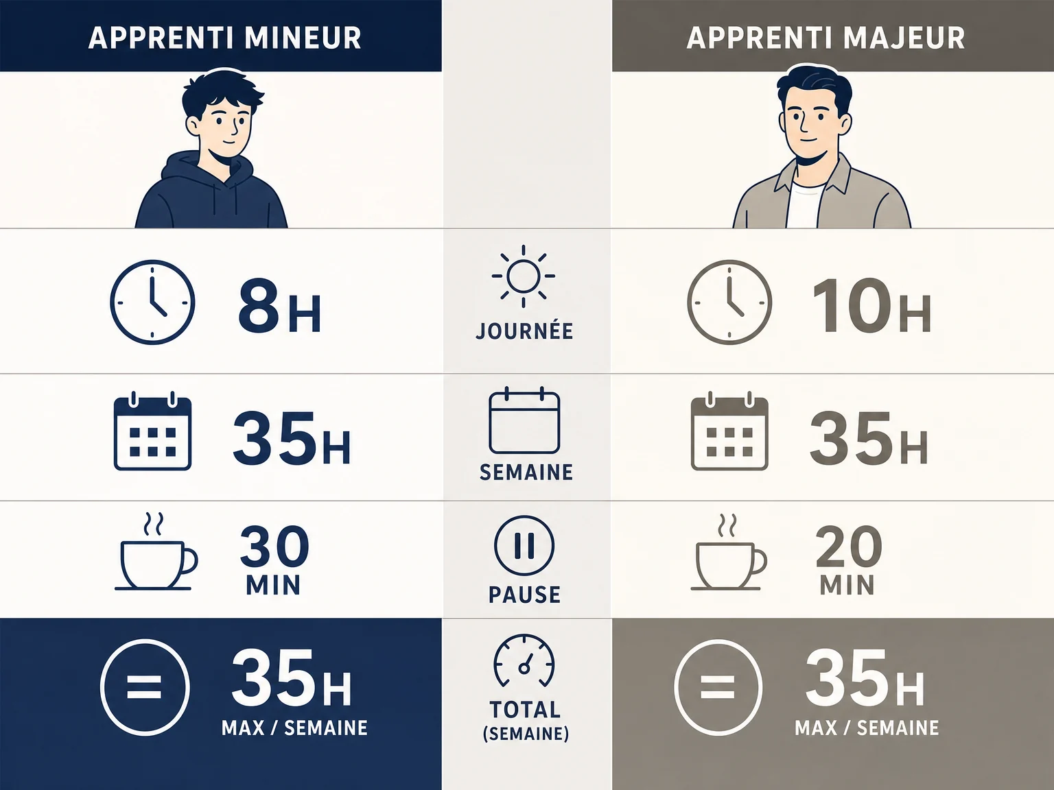 Comparatif visuel des durées de travail à vérifier pour un apprenti mineur et un apprenti majeur.