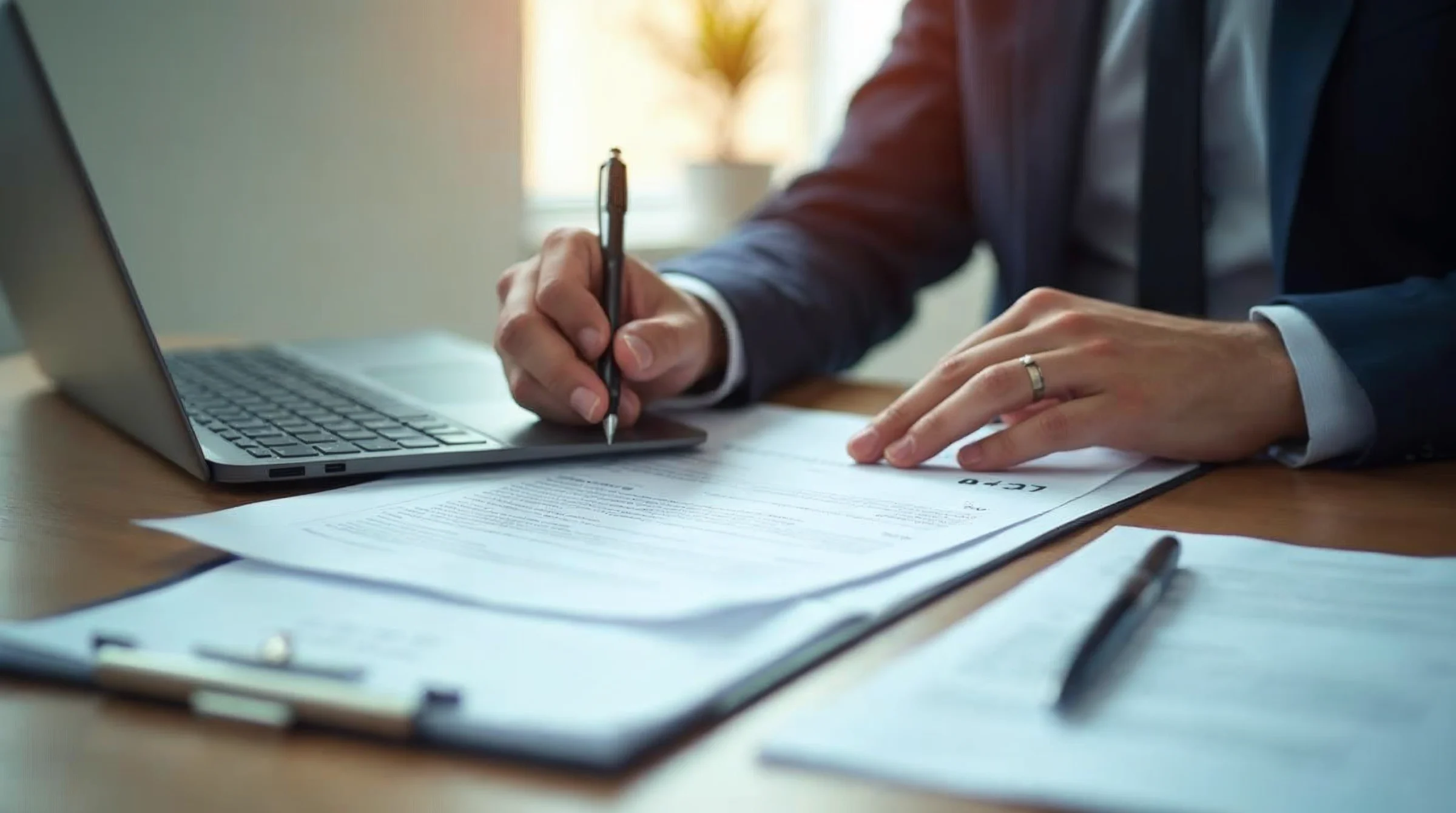 Responsable vérifiant des documents et la date d’un contrat d’apprentissage pour confirmer l’éligibilité à une aide à l’embauche.