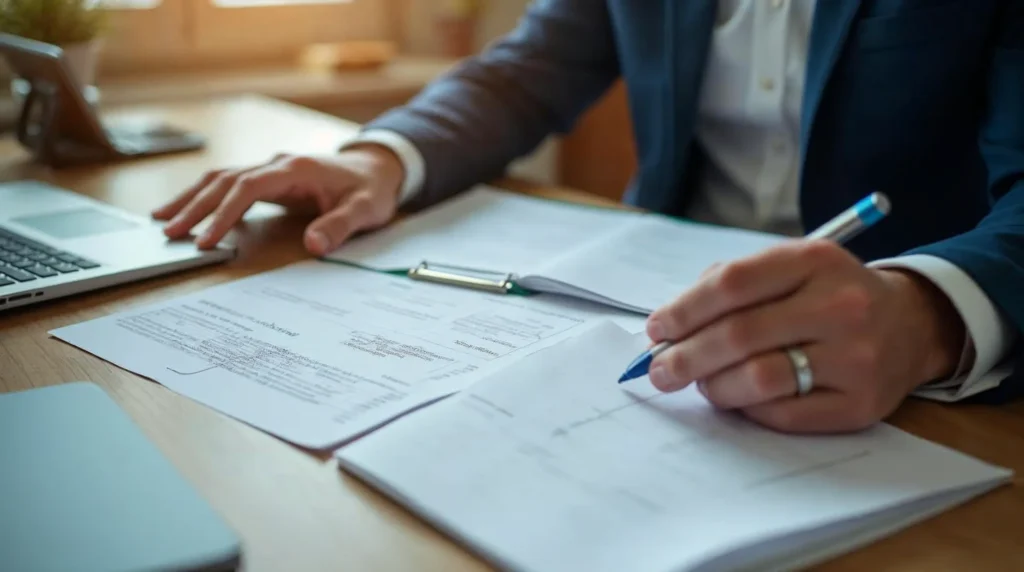 Responsable d’entreprise vérifiant un dossier de contrat d’apprentissage et les éléments de financement liés à l’OPCO.