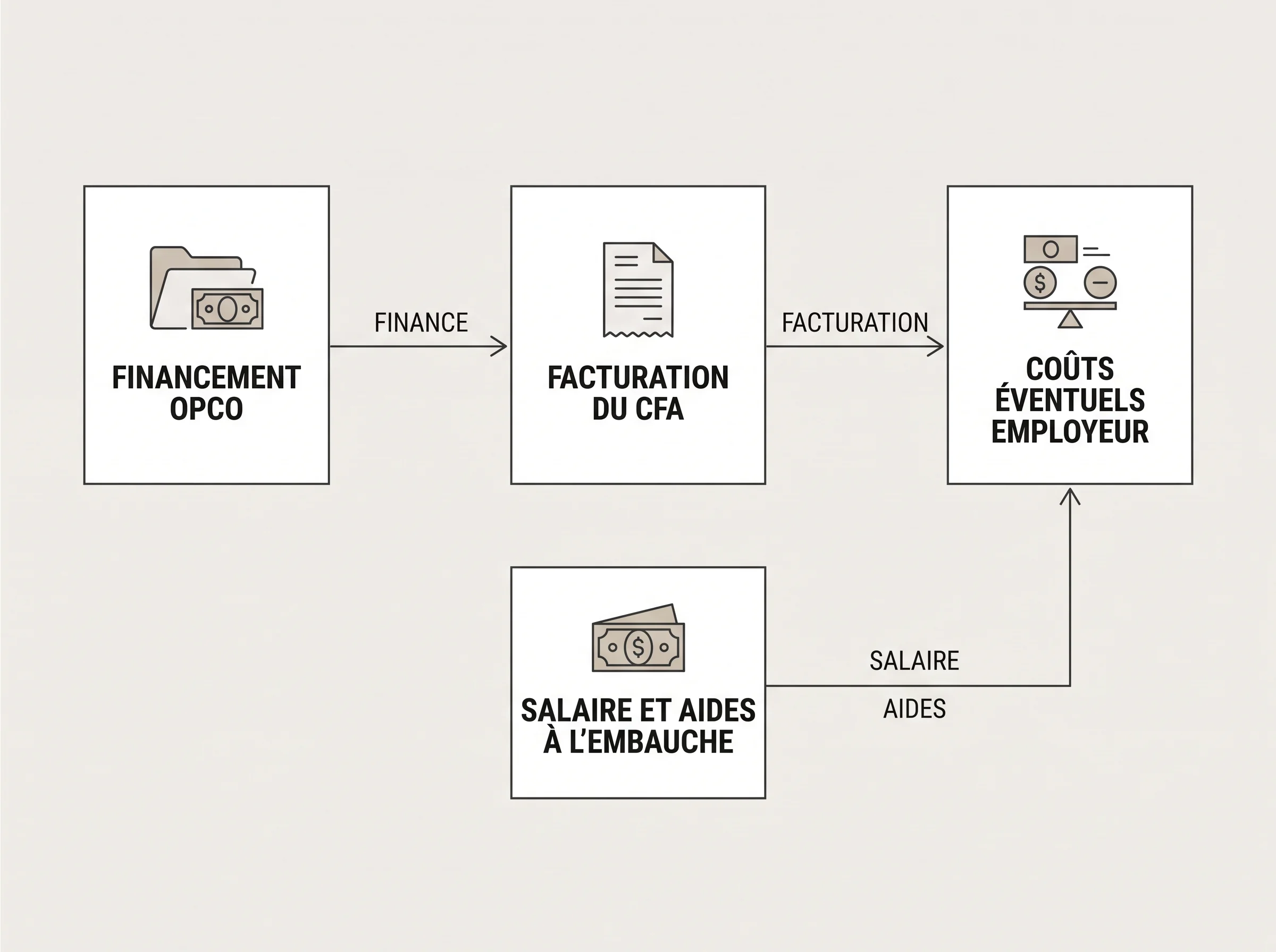 Distinguer les flux de financement du contrat d’apprentissage Schéma comparatif distinguant financement OPCO, facturation du CFA et éventuel reste à charge pour l’employeur.