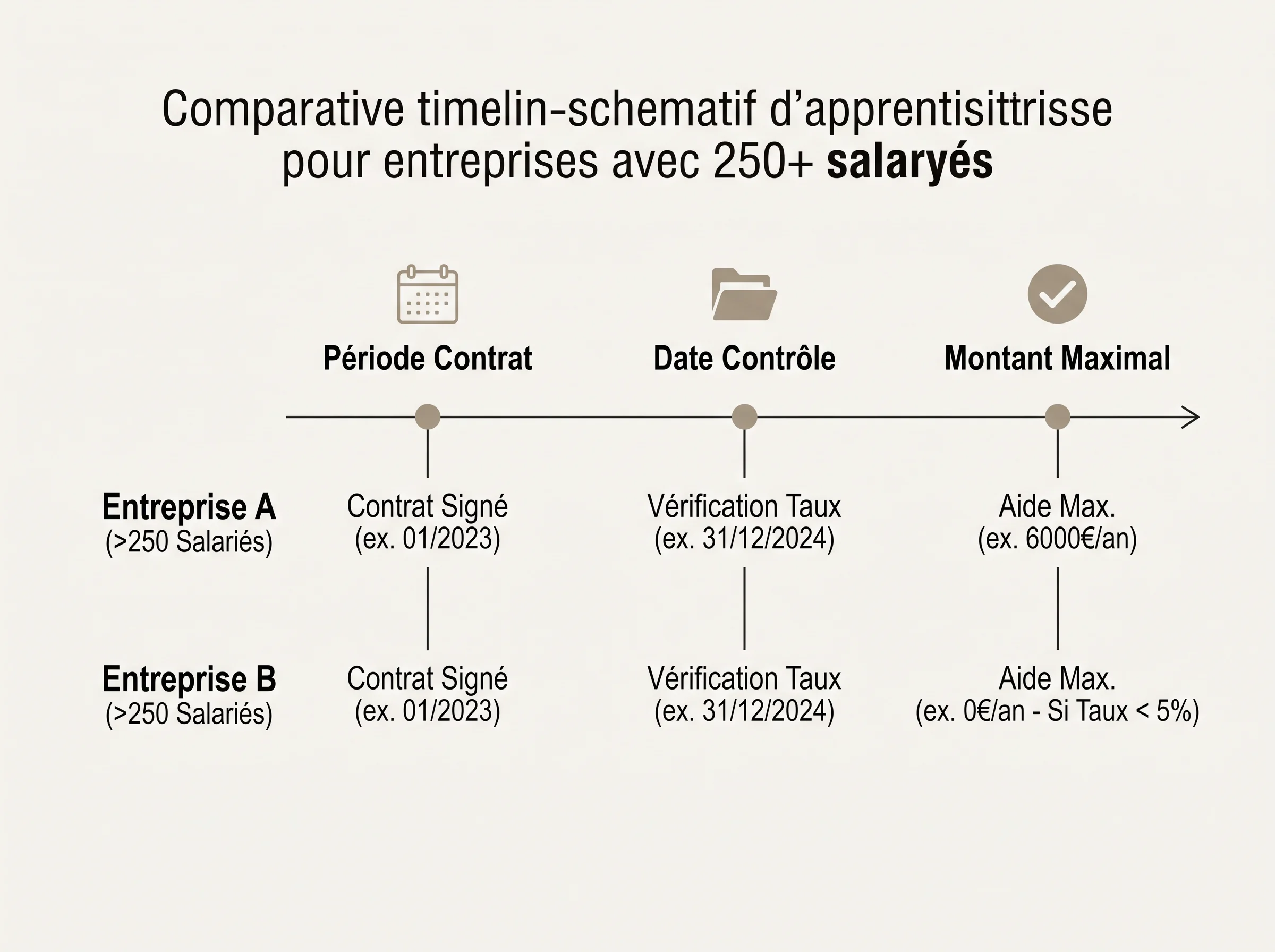 Frise chronologique simplifiée des périodes de contrat, montants d’aide et dates de contrôle pour les entreprises de 250 salariés et plus