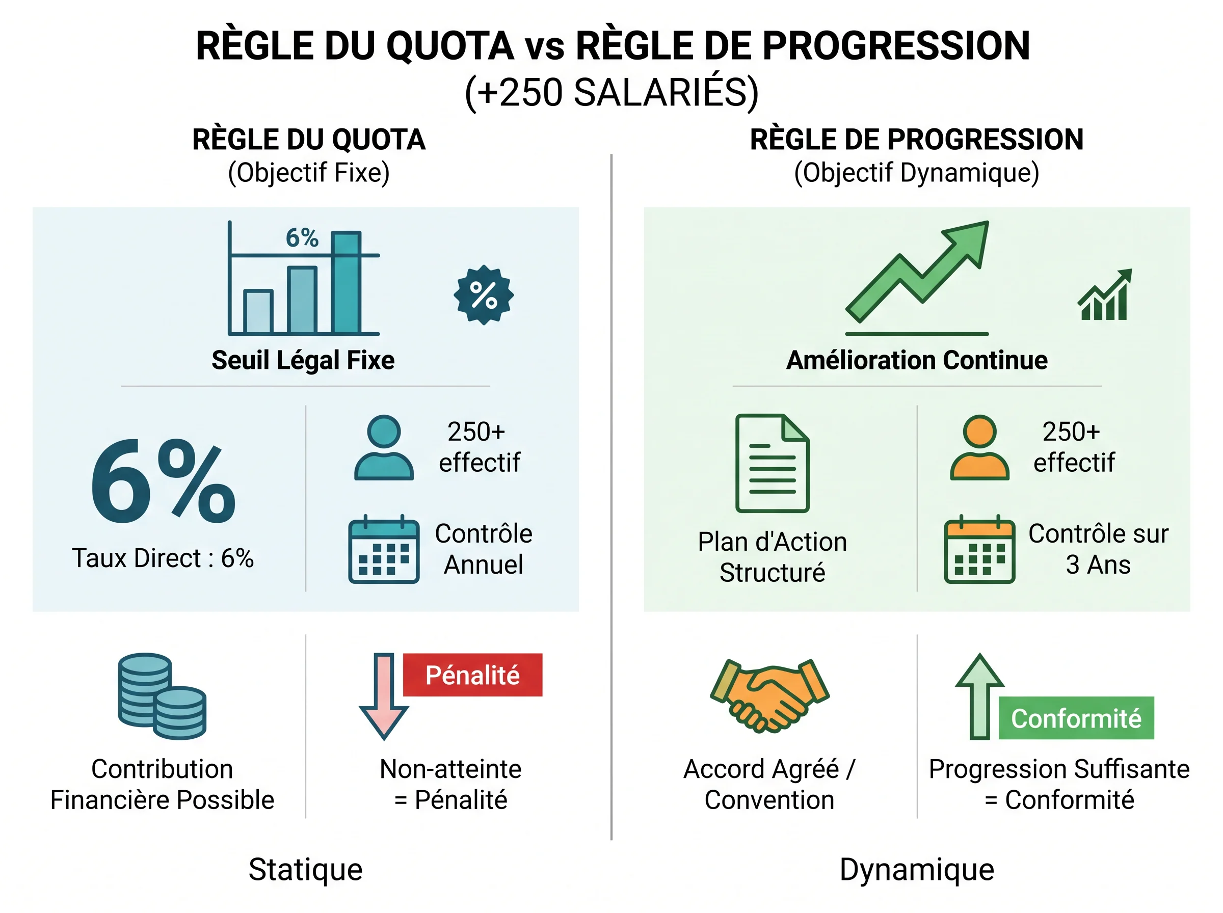 Schéma comparatif des deux voies de conformité liées au quota d’alternants dans les entreprises de 250 salariés et plus