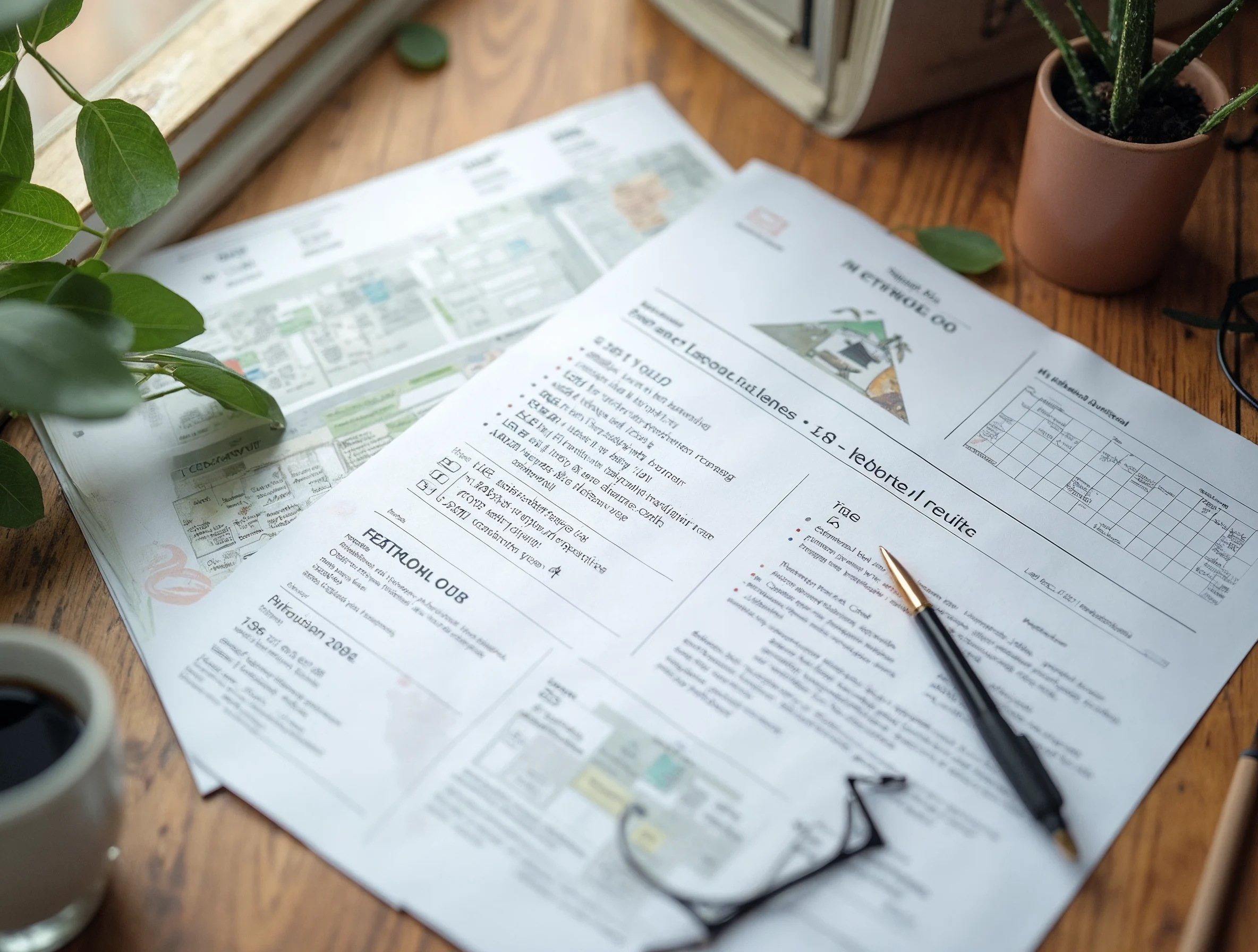 CV imprimé et documents de formation disposés pour vérifier la cohérence du parcours et du rythme d'apprentissage.