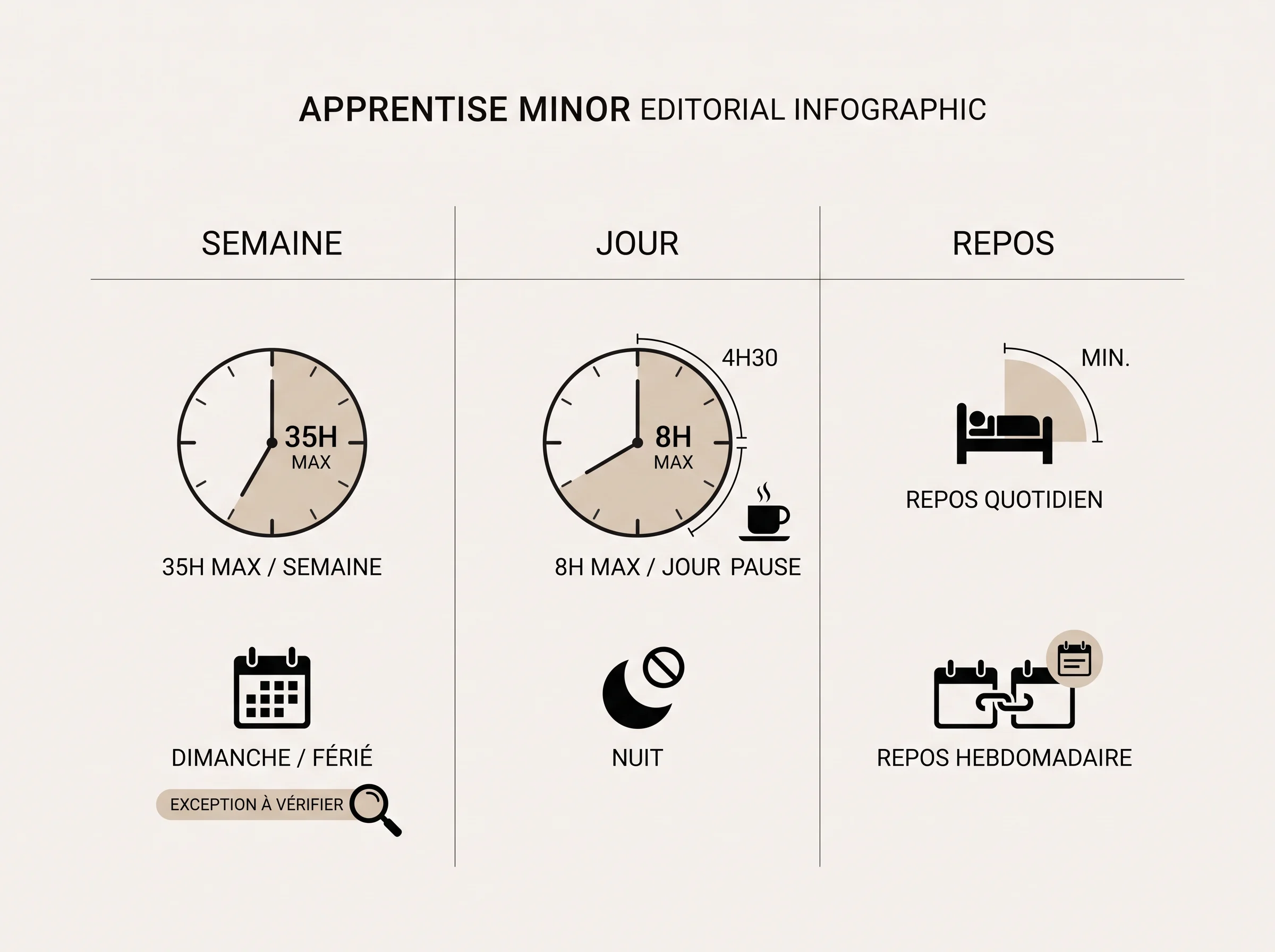 Contrôler le planning d’un apprenti mineur Infographie résumant les principaux points de contrôle du planning d’un apprenti mineur.