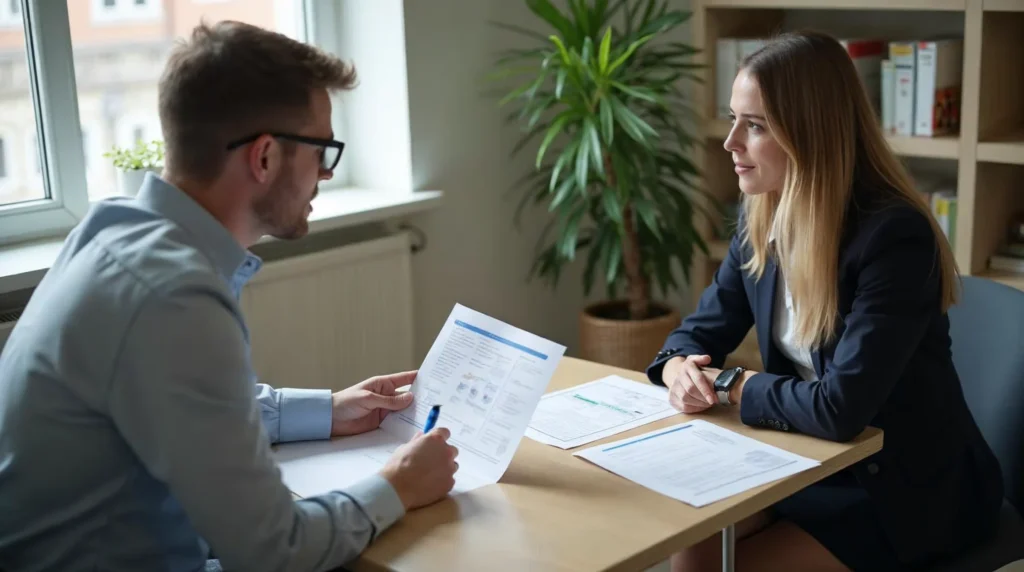 Entretien d’apprentissage entre un employeur et un candidat avec documents de préparation et grille d’évaluation sur la table.