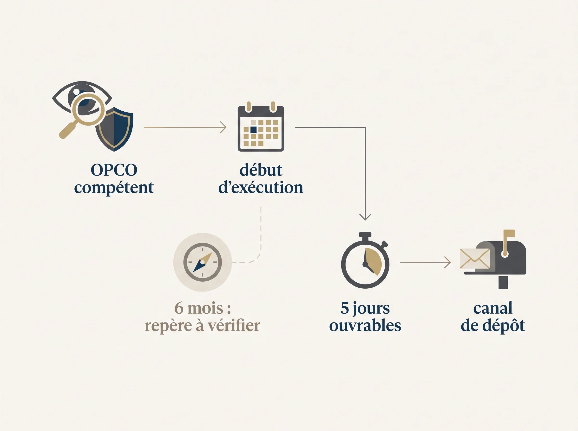 Schéma simple pour identifier l’OPCO compétent et distinguer le délai de dépôt en 5 jours ouvrables des autres repères de calendrier.