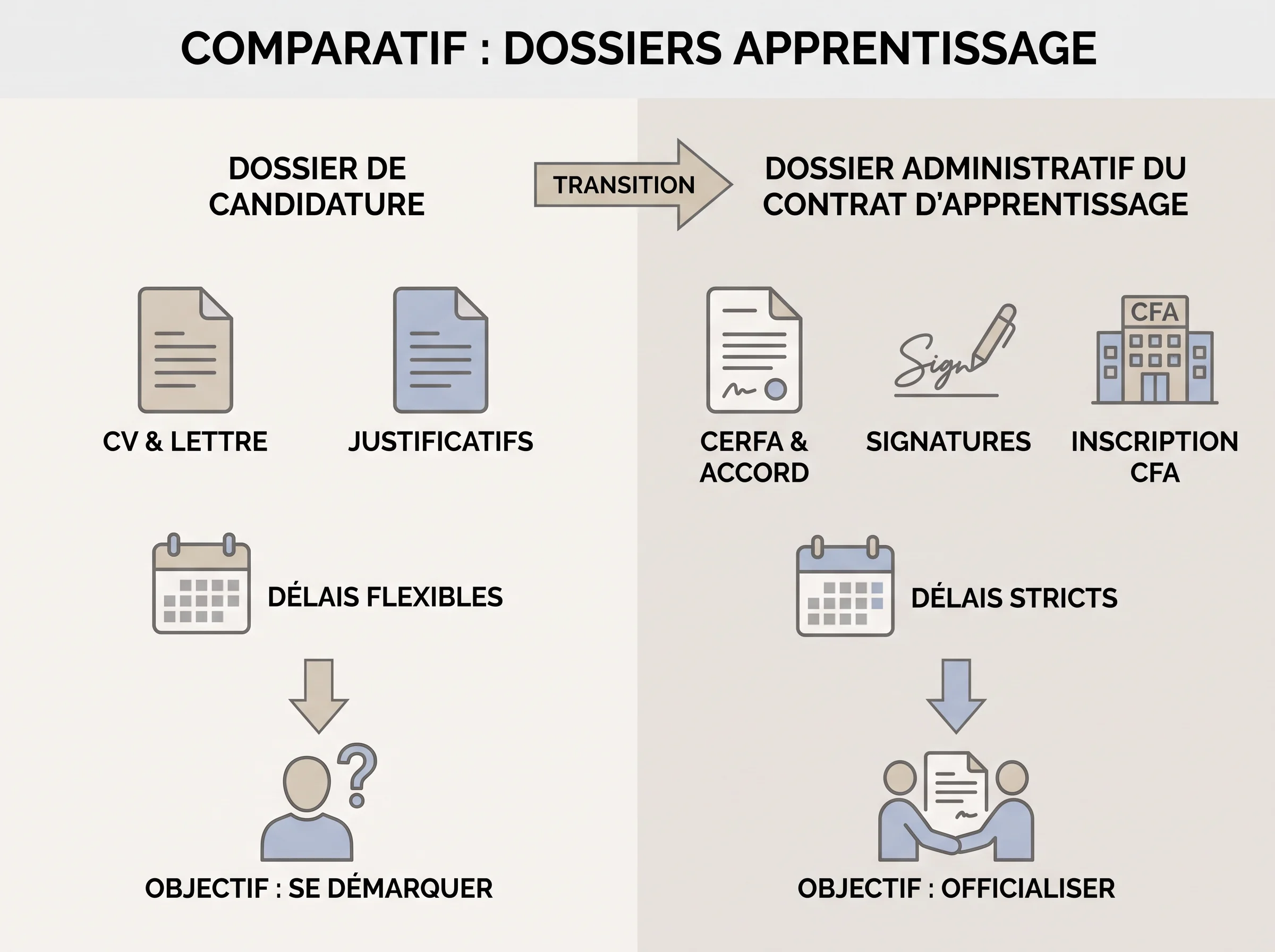 Schéma comparant les pièces de candidature et les formalités du contrat d'apprentissage.