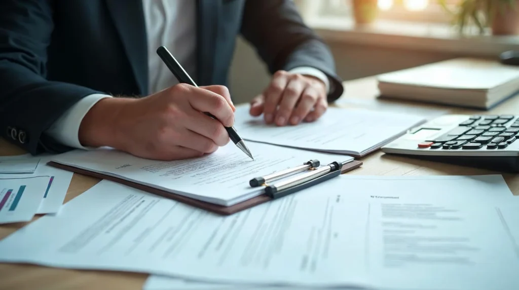 Employeur vérifiant un dossier d’apprentissage avec documents et critères d’éligibilité sur un bureau.
