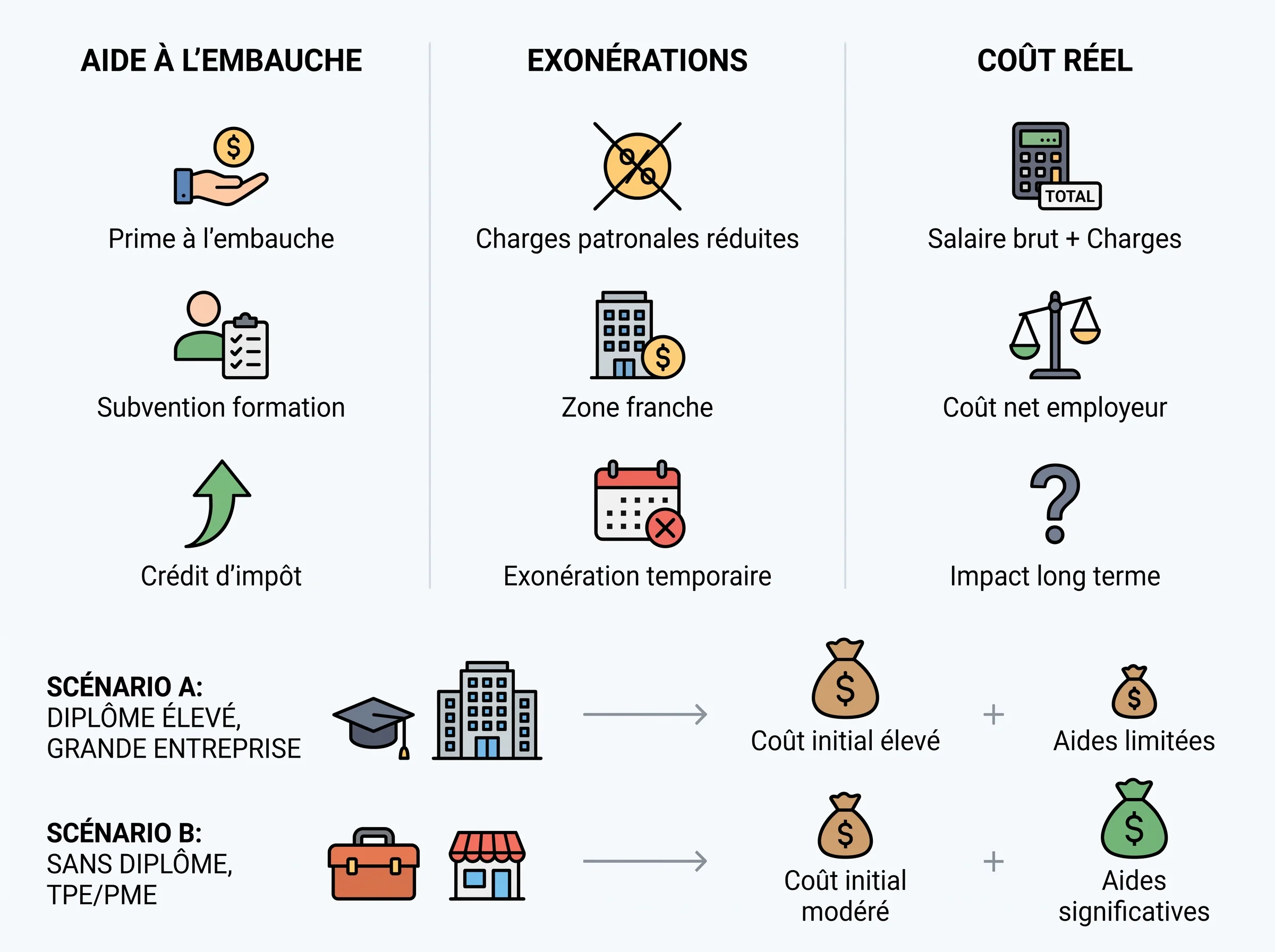 Schéma comparatif entre aide à l’embauche, exonérations et coût réel pour deux scénarios d’apprentissage.