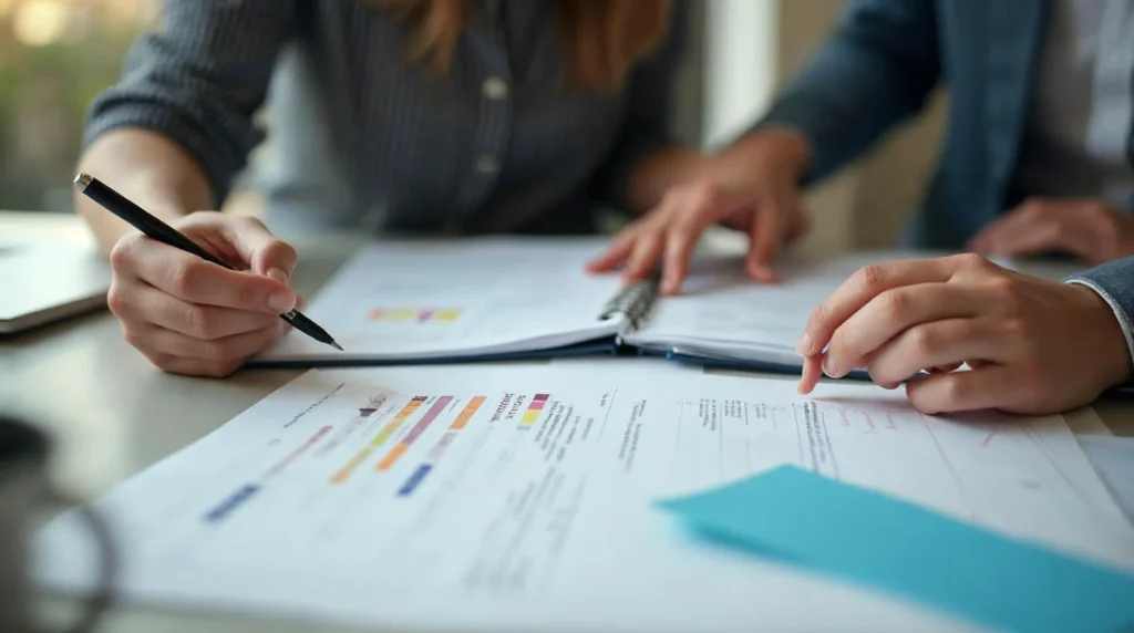 Responsable d’association vérifiant un dossier d’embauche d’apprenti avec calendrier et documents administratifs.
