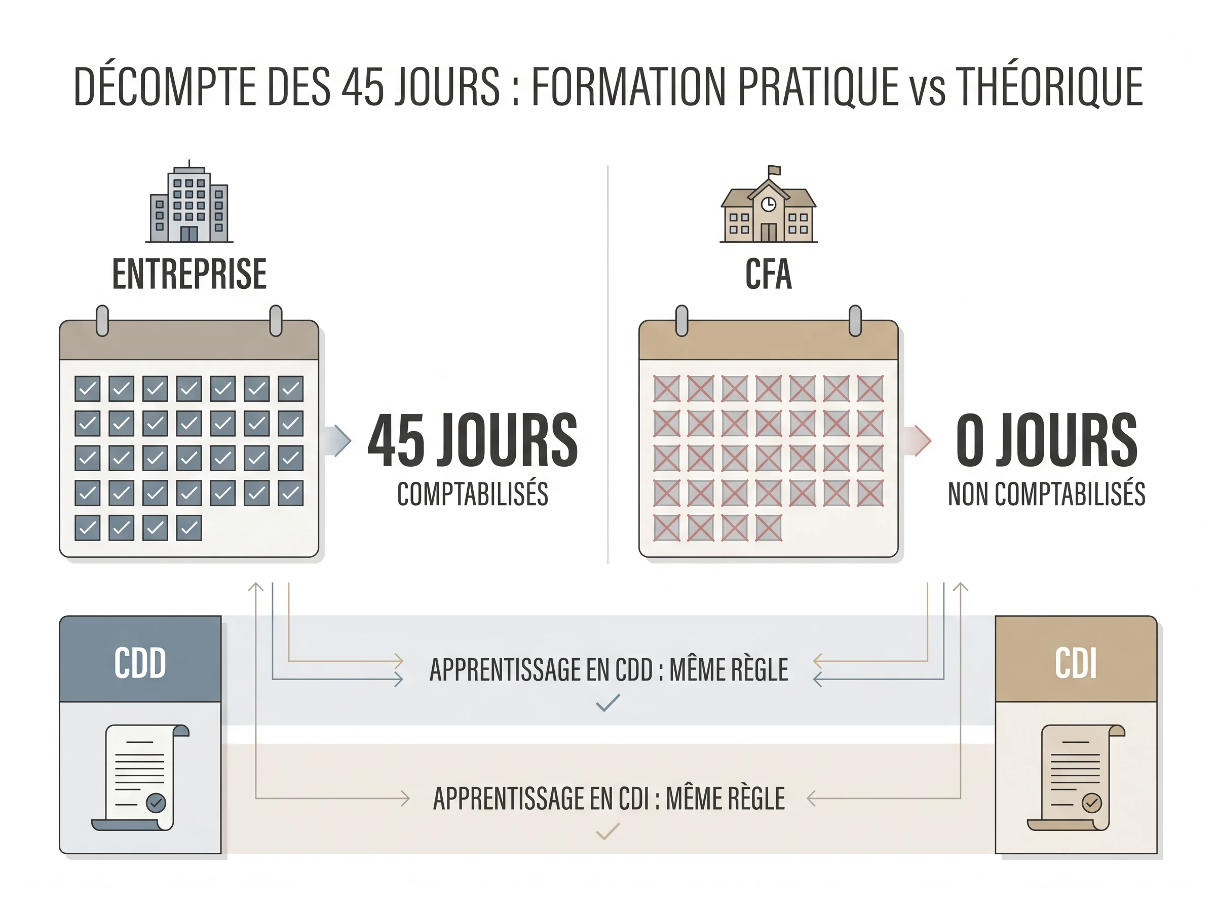 Décompte des 45 jours en entreprise Schéma expliquant le décompte des 45 jours en entreprise et la différence avec les jours passés au CFA.
