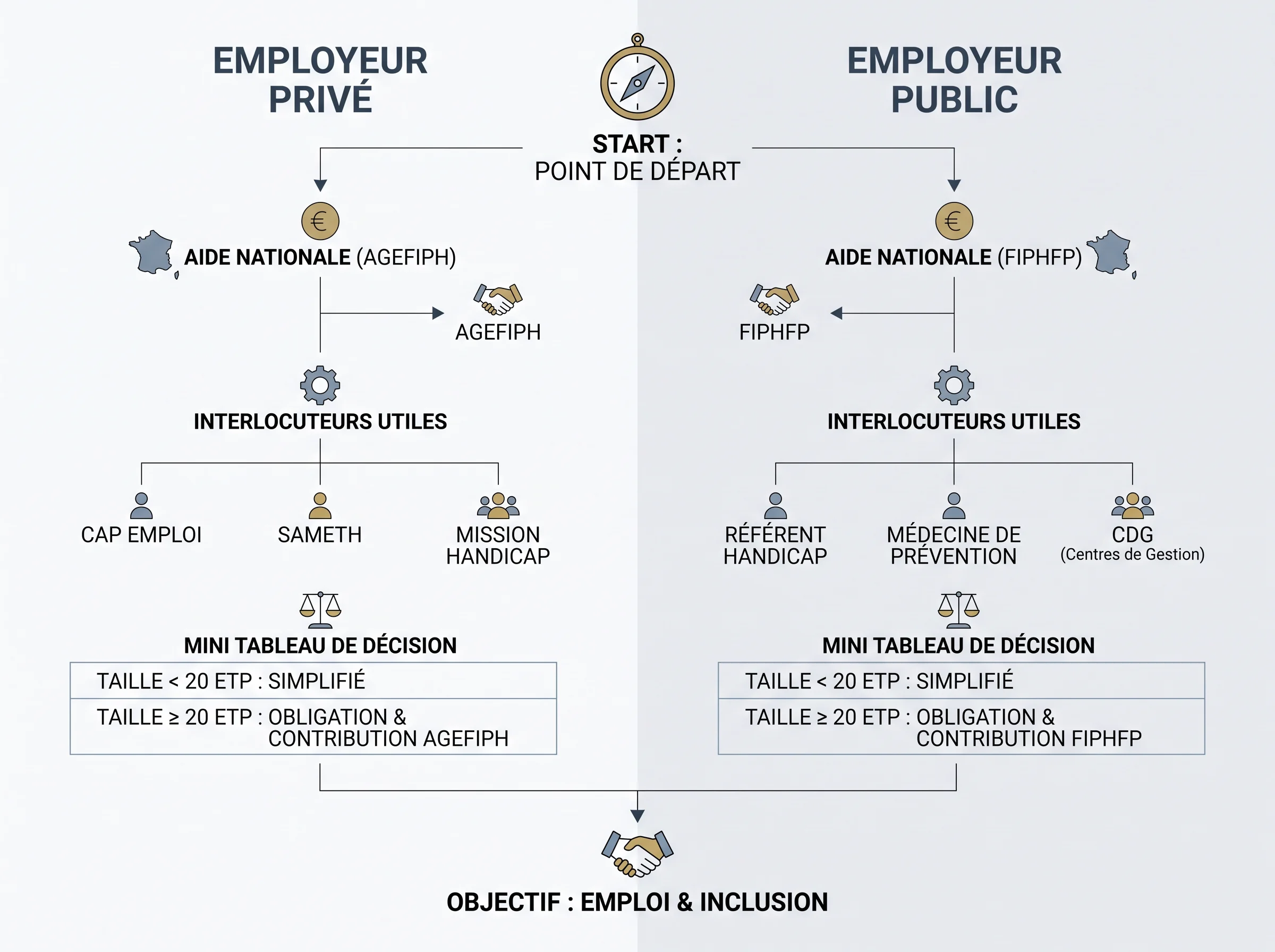 Schéma comparatif entre employeur privé et employeur public pour orienter vers les aides et interlocuteurs adaptés à l’apprentissage d’une personne en situation de handicap.