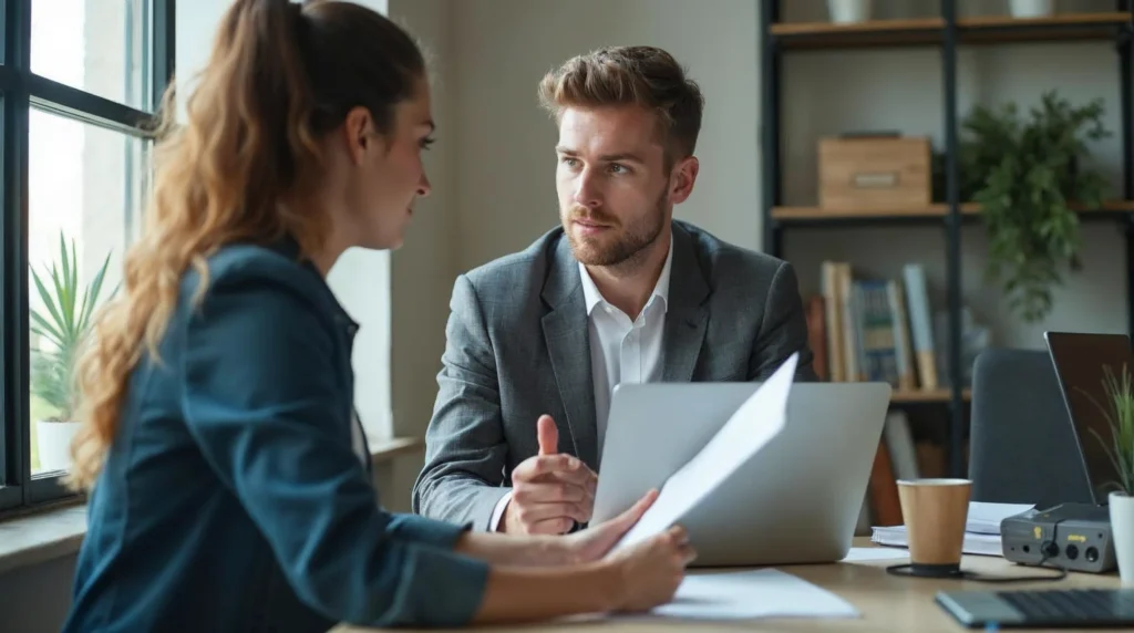 Responsable et apprenti évaluant de façon concrète la mise en place du télétravail dans un cadre de travail sobre.