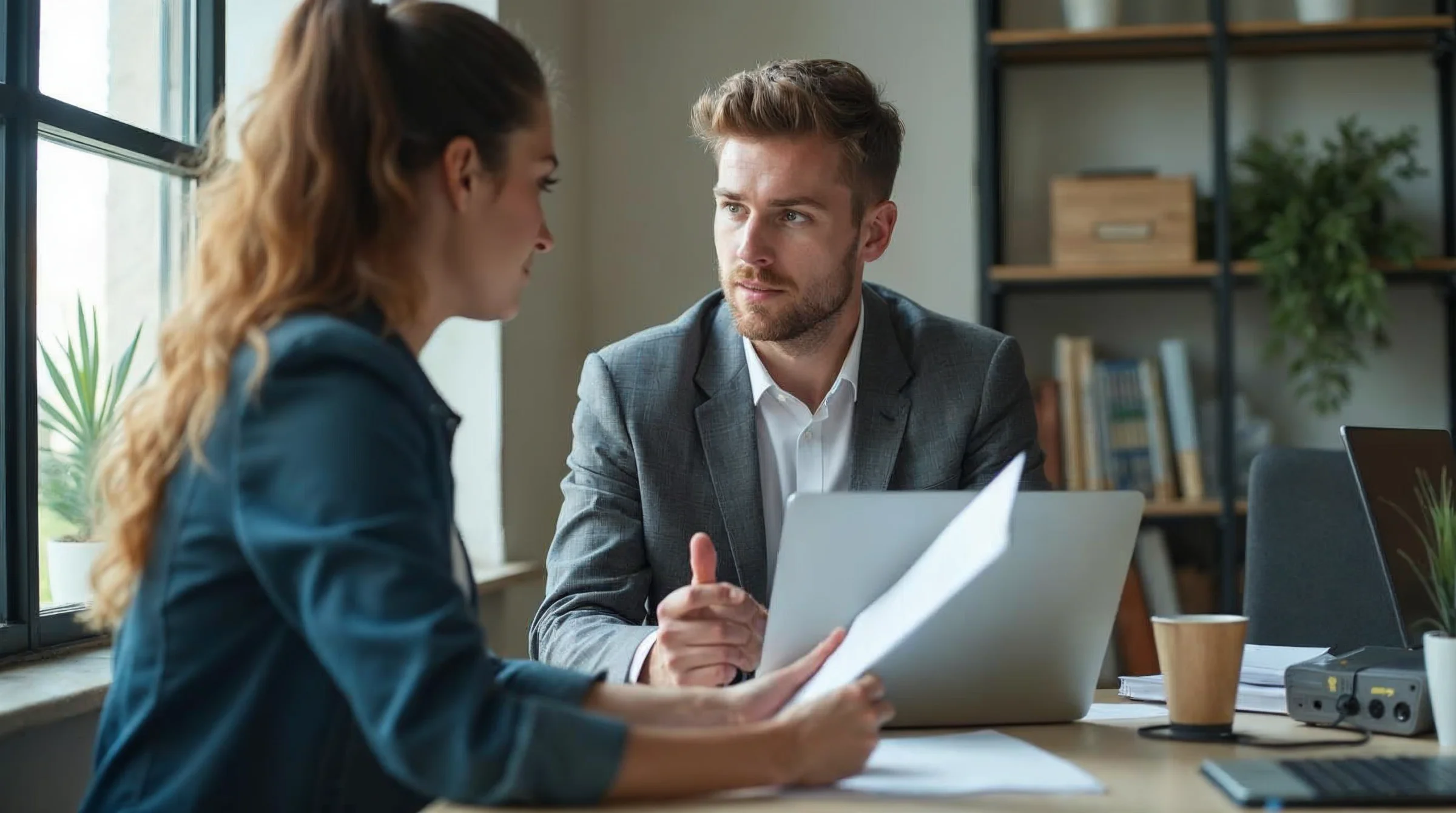 Responsable et apprenti évaluant de façon concrète la mise en place du télétravail dans un cadre de travail sobre.